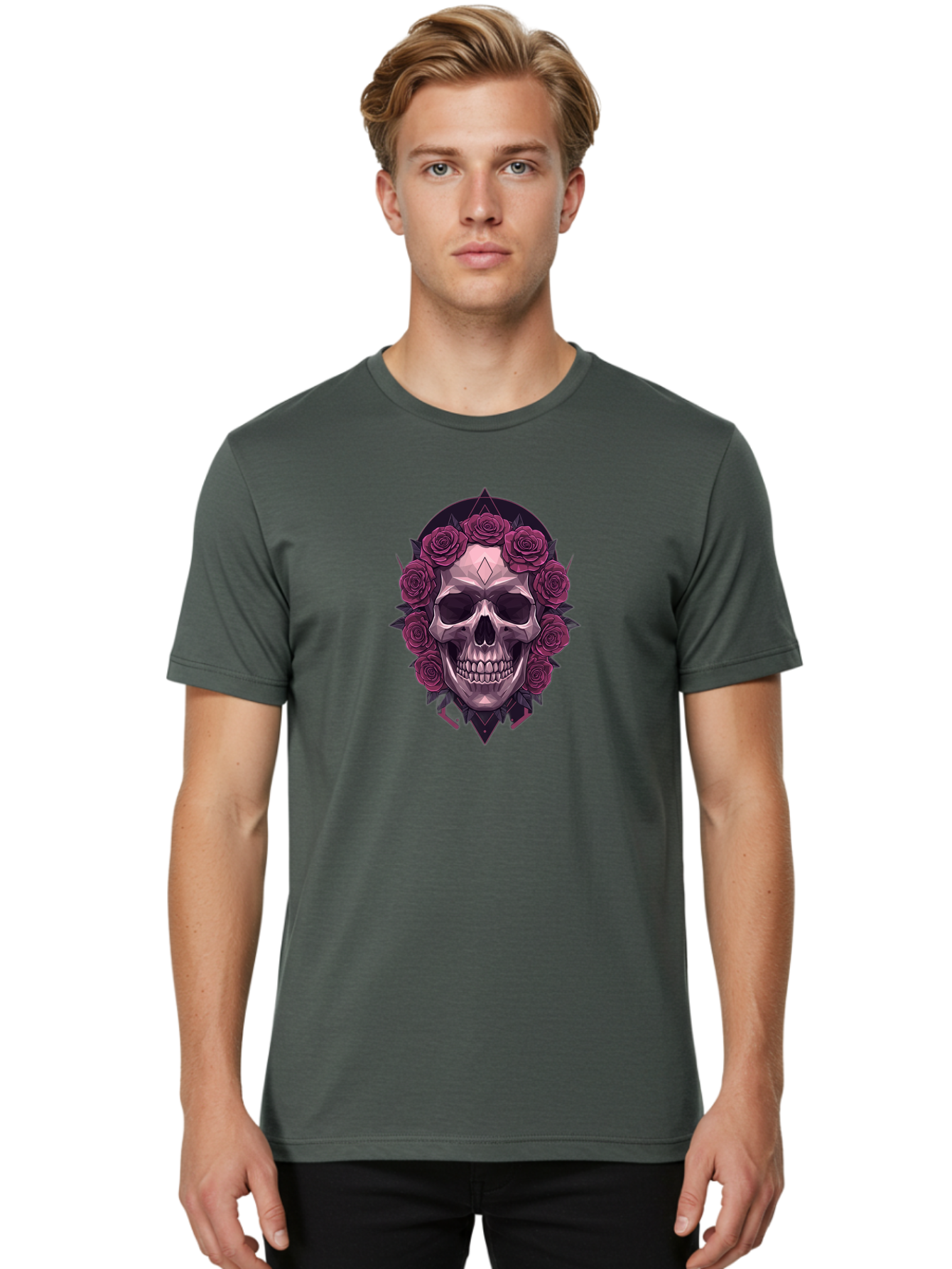 Skull-With-Roses-5 Men'S Graphic Tee, 100% Cotton, Comfortable Casual Summer Wear, Machine Washable, Human Skull, Purple Roses, Diamond-Shaped Gem, Gothic Design, Dark Art, Floral Wreath, Mystical Symbol, Tattoo Art, Grunge Style, Bad618