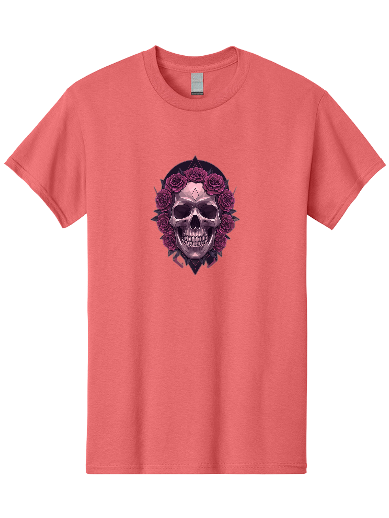 Skull-With-Roses-5 Men'S Graphic Tee, 100% Cotton, Comfortable Casual Summer Wear, Machine Washable, Human Skull, Purple Roses, Diamond-Shaped Gem, Gothic Design, Dark Art, Floral Wreath, Mystical Symbol, Tattoo Art, Grunge Style, Bad618