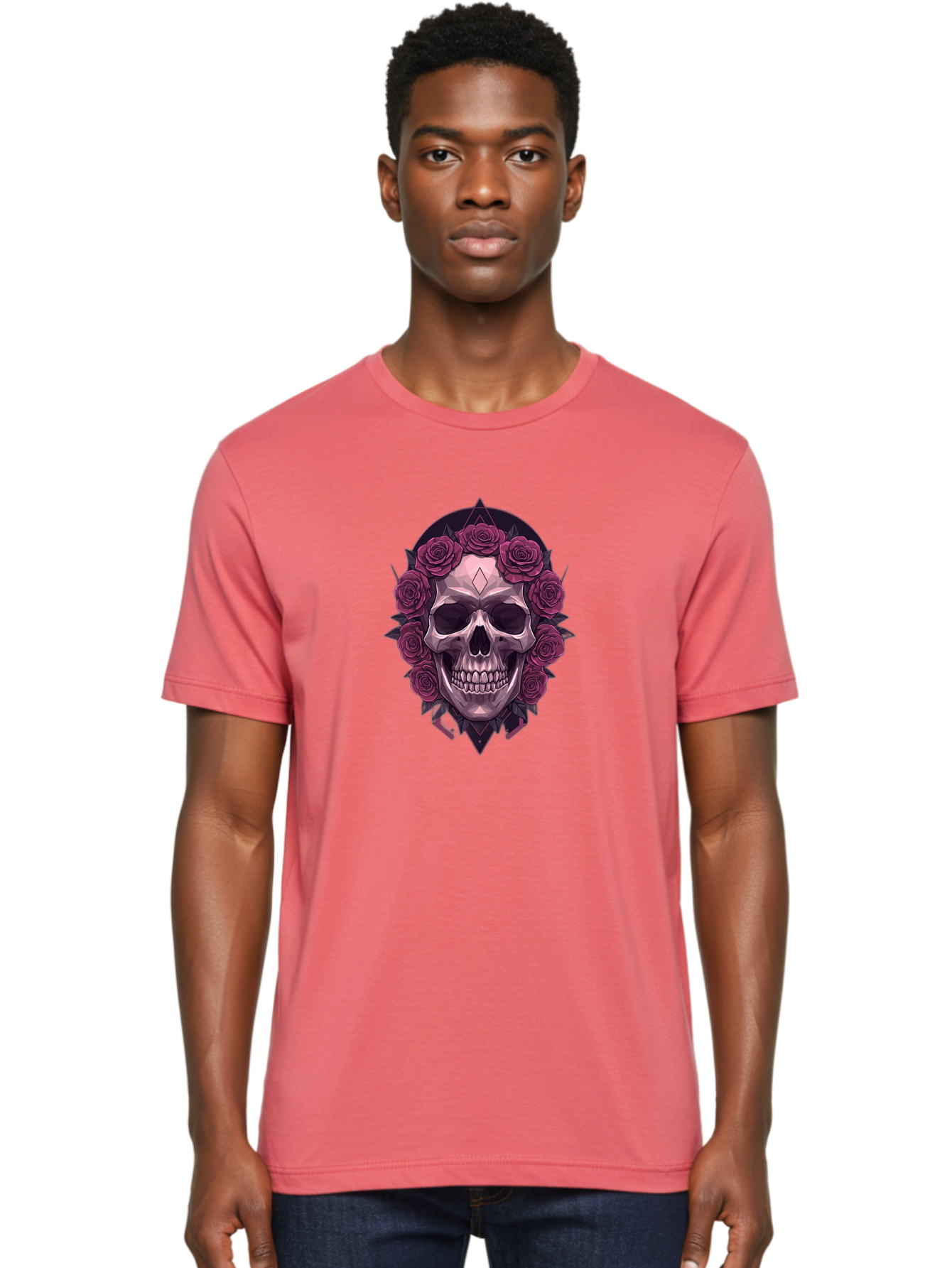 Skull-With-Roses-5 Men'S Graphic Tee, 100% Cotton, Comfortable Casual Summer Wear, Machine Washable, Human Skull, Purple Roses, Diamond-Shaped Gem, Gothic Design, Dark Art, Floral Wreath, Mystical Symbol, Tattoo Art, Grunge Style, Bad618