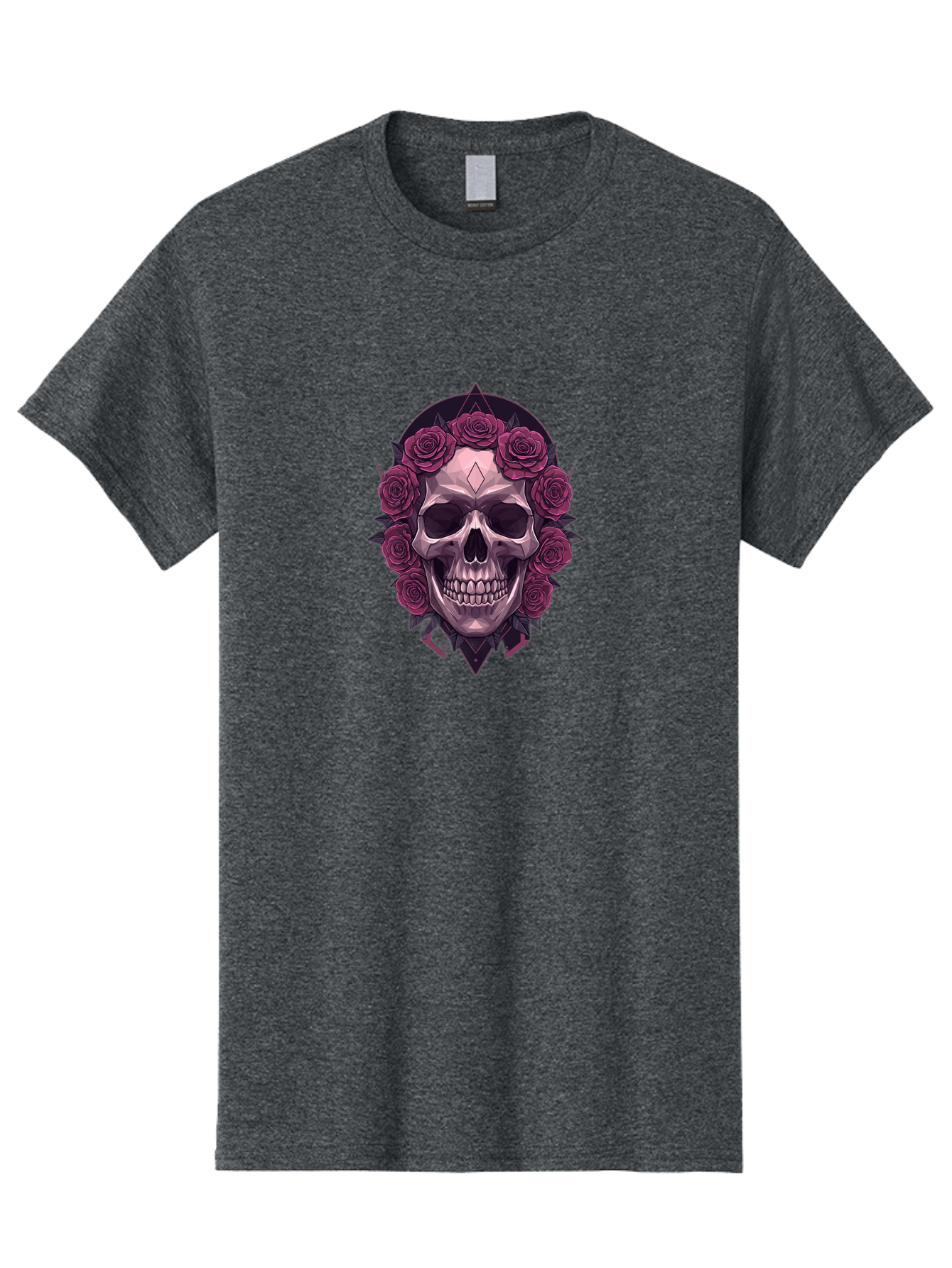 Skull-With-Roses-5 Men'S Graphic Tee, 100% Cotton, Comfortable Casual Summer Wear, Machine Washable, Human Skull, Purple Roses, Diamond-Shaped Gem, Gothic Design, Dark Art, Floral Wreath, Mystical Symbol, Tattoo Art, Grunge Style, Bad618