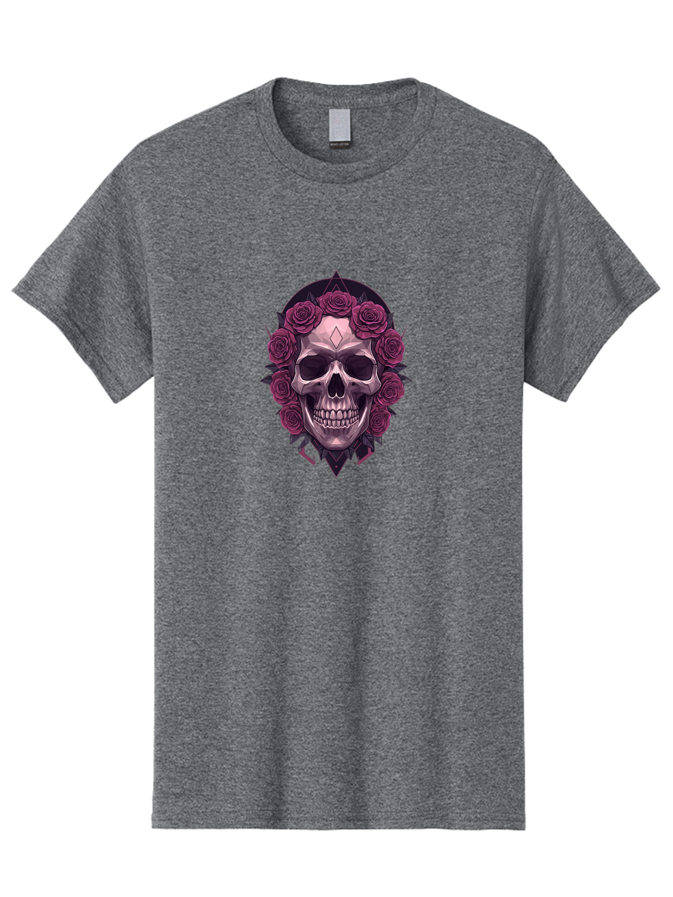 Skull-With-Roses-5 Men'S Graphic Tee, 100% Cotton, Comfortable Casual Summer Wear, Machine Washable, Human Skull, Purple Roses, Diamond-Shaped Gem, Gothic Design, Dark Art, Floral Wreath, Mystical Symbol, Tattoo Art, Grunge Style, Bad618