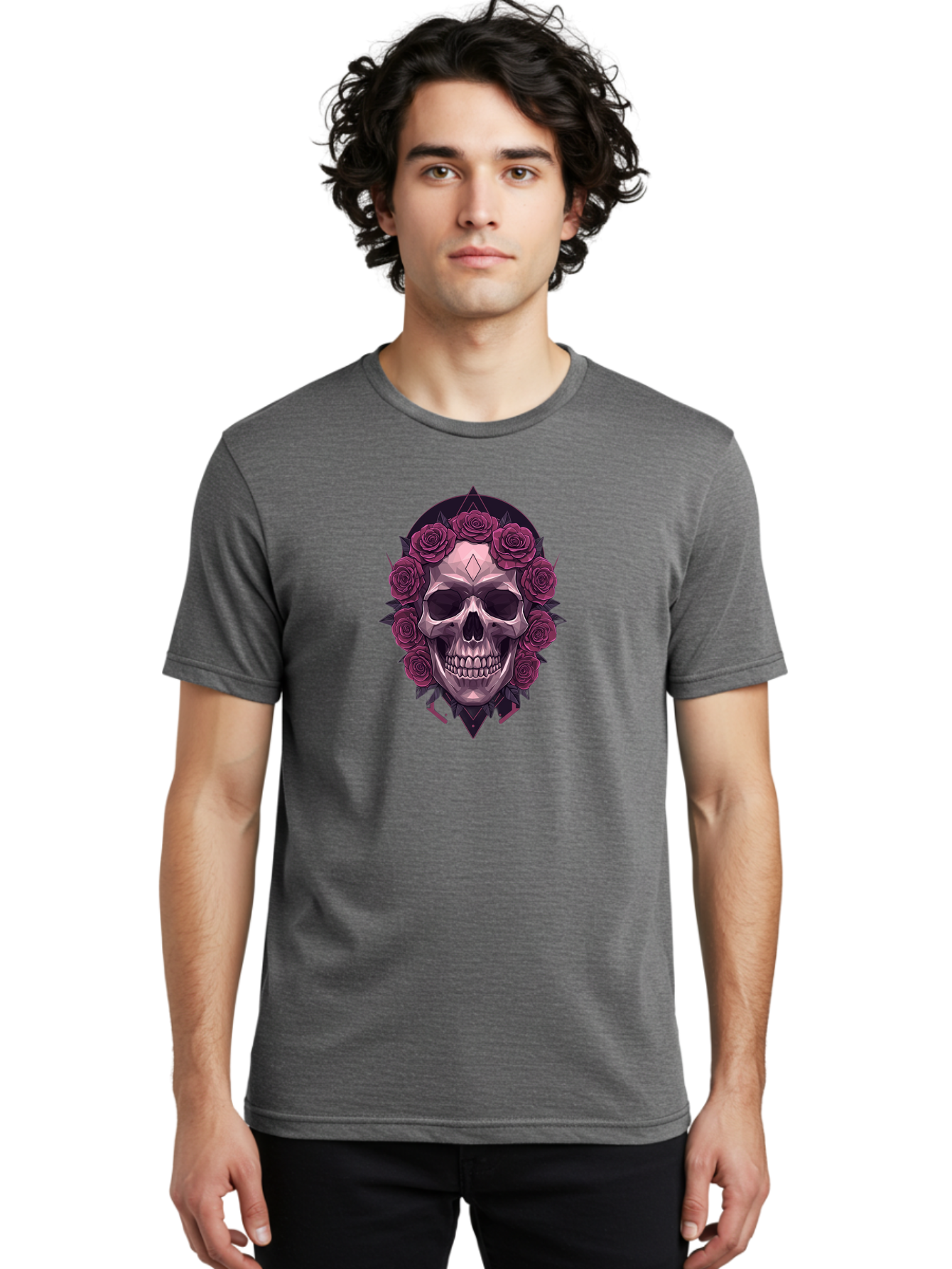 Skull-With-Roses-5 Men'S Graphic Tee, 100% Cotton, Comfortable Casual Summer Wear, Machine Washable, Human Skull, Purple Roses, Diamond-Shaped Gem, Gothic Design, Dark Art, Floral Wreath, Mystical Symbol, Tattoo Art, Grunge Style, Bad618