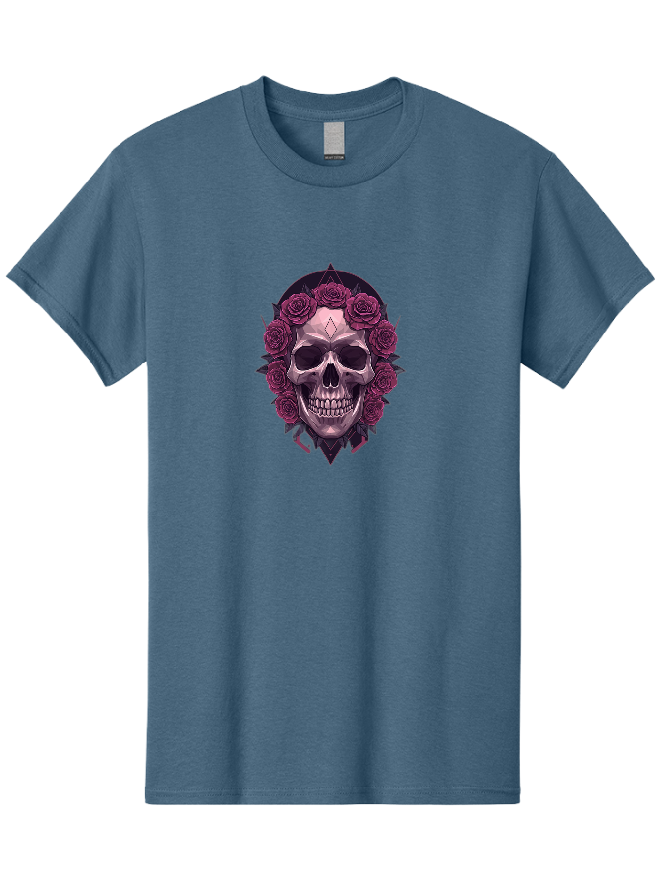 Skull-With-Roses-5 Men'S Graphic Tee, 100% Cotton, Comfortable Casual Summer Wear, Machine Washable, Human Skull, Purple Roses, Diamond-Shaped Gem, Gothic Design, Dark Art, Floral Wreath, Mystical Symbol, Tattoo Art, Grunge Style, Bad618