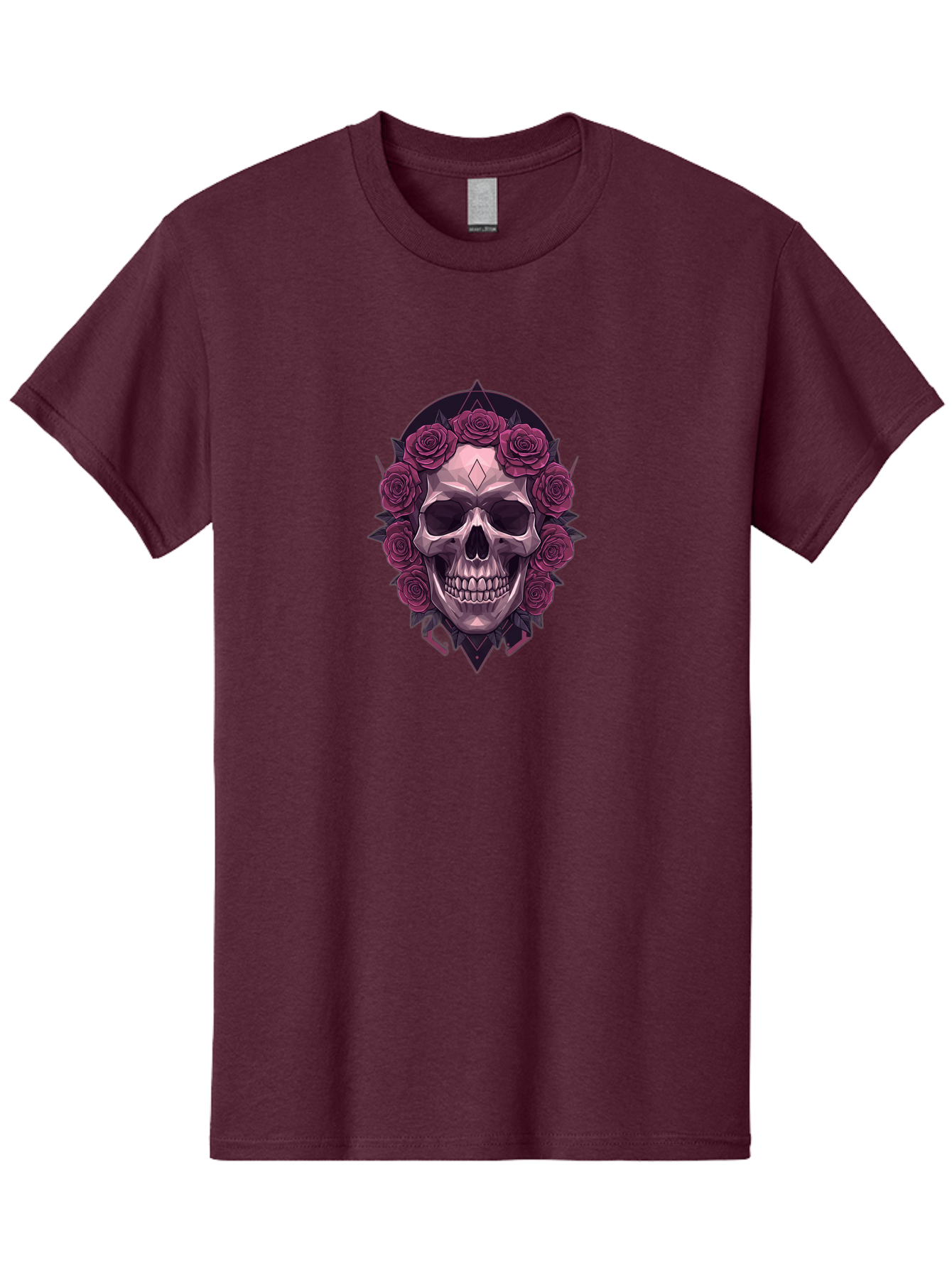 Skull-With-Roses-5 Men'S Graphic Tee, 100% Cotton, Comfortable Casual Summer Wear, Machine Washable, Human Skull, Purple Roses, Diamond-Shaped Gem, Gothic Design, Dark Art, Floral Wreath, Mystical Symbol, Tattoo Art, Grunge Style, Bad618