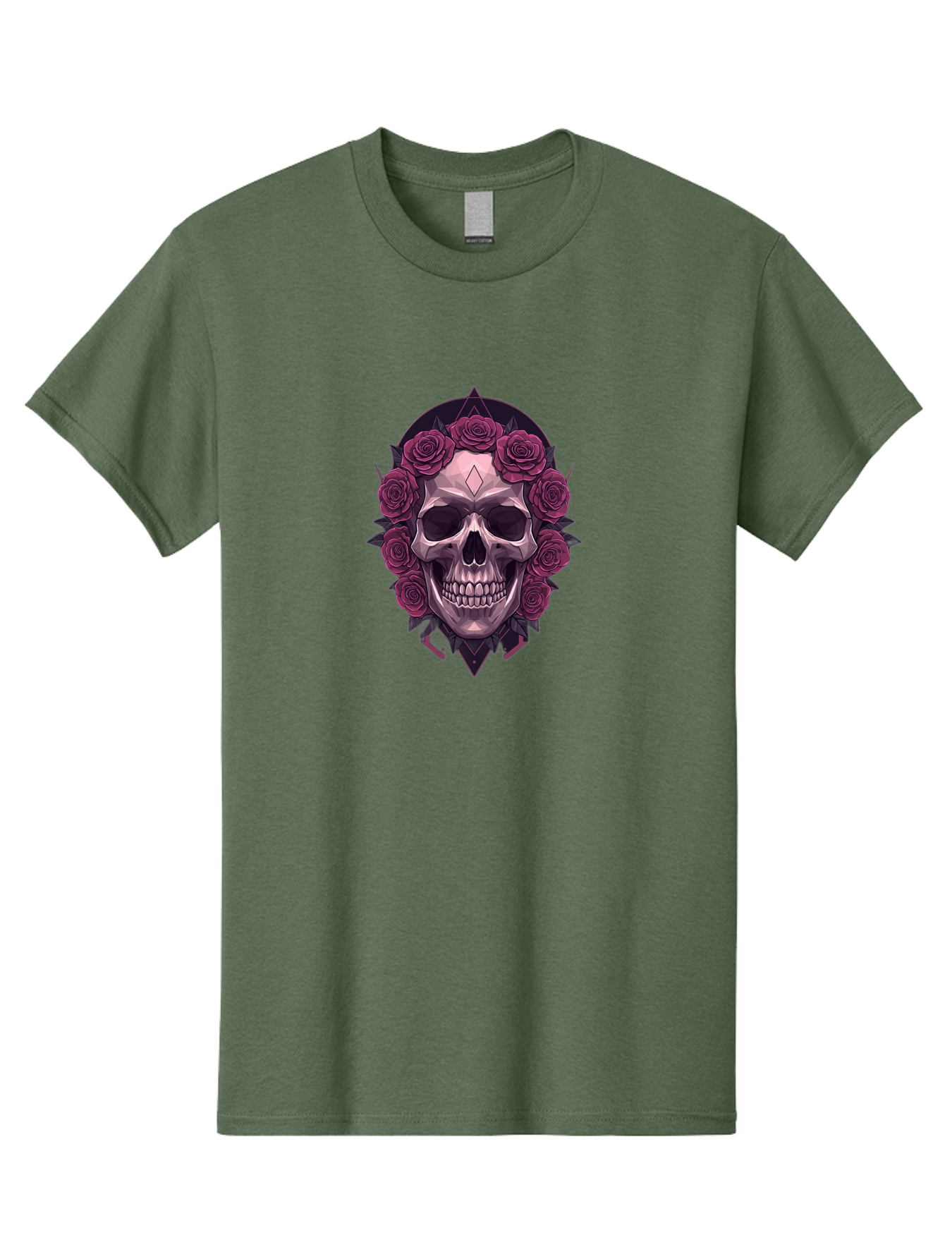 Skull-With-Roses-5 Men'S Graphic Tee, 100% Cotton, Comfortable Casual Summer Wear, Machine Washable, Human Skull, Purple Roses, Diamond-Shaped Gem, Gothic Design, Dark Art, Floral Wreath, Mystical Symbol, Tattoo Art, Grunge Style, Bad618