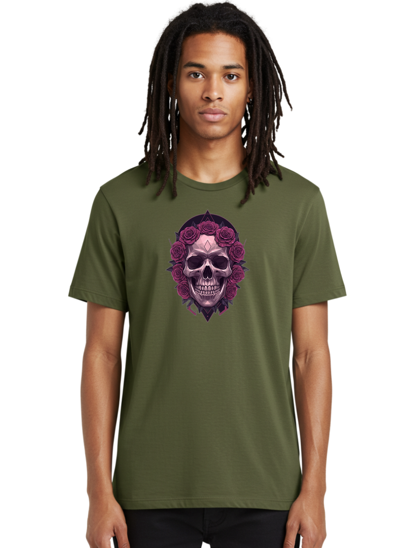 Skull-With-Roses-5 Men'S Graphic Tee, 100% Cotton, Comfortable Casual Summer Wear, Machine Washable, Human Skull, Purple Roses, Diamond-Shaped Gem, Gothic Design, Dark Art, Floral Wreath, Mystical Symbol, Tattoo Art, Grunge Style, Bad618