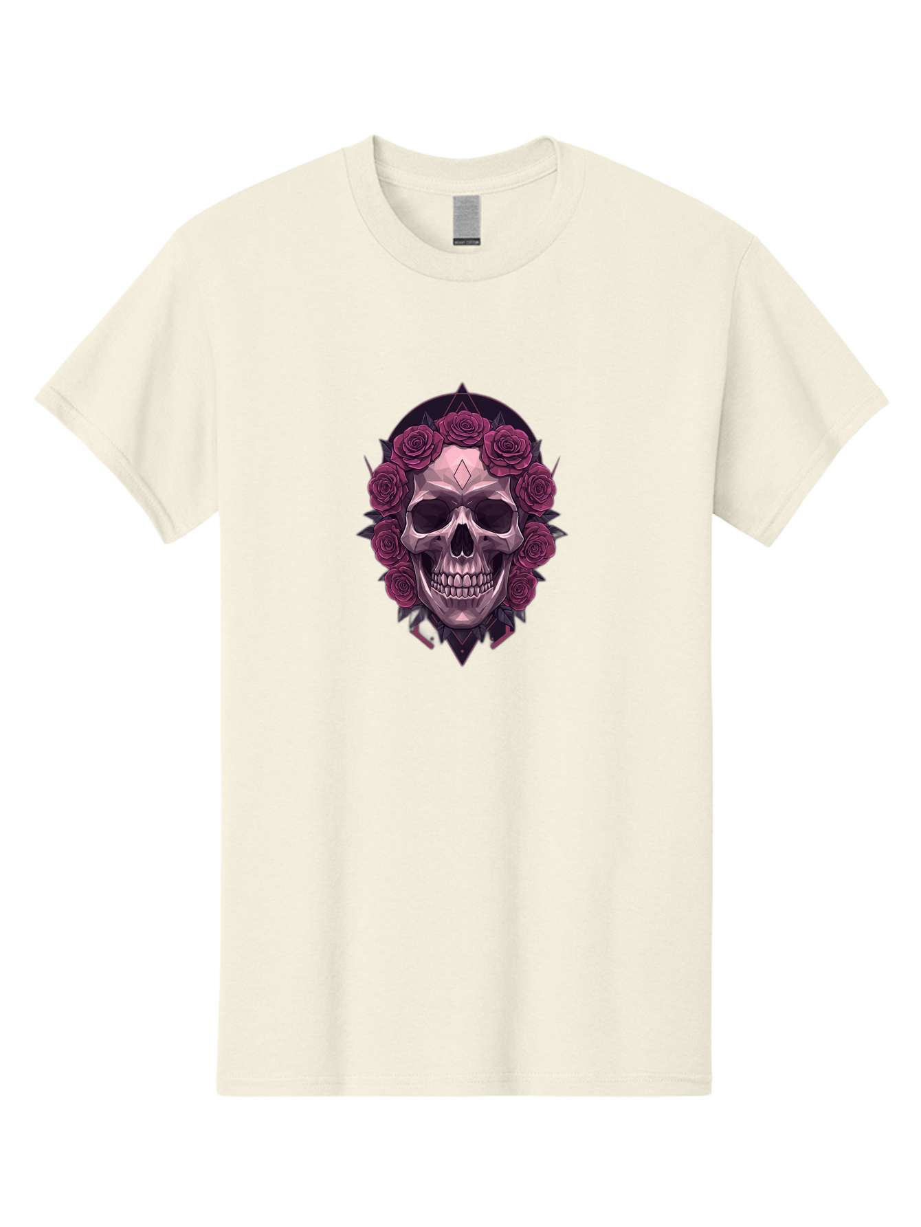 Skull-With-Roses-5 Men'S Graphic Tee, 100% Cotton, Comfortable Casual Summer Wear, Machine Washable, Human Skull, Purple Roses, Diamond-Shaped Gem, Gothic Design, Dark Art, Floral Wreath, Mystical Symbol, Tattoo Art, Grunge Style, Bad618