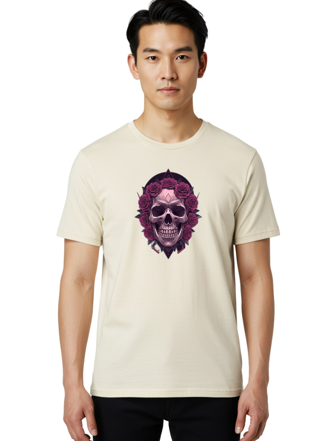 Skull-With-Roses-5 Men'S Graphic Tee, 100% Cotton, Comfortable Casual Summer Wear, Machine Washable, Human Skull, Purple Roses, Diamond-Shaped Gem, Gothic Design, Dark Art, Floral Wreath, Mystical Symbol, Tattoo Art, Grunge Style, Bad618