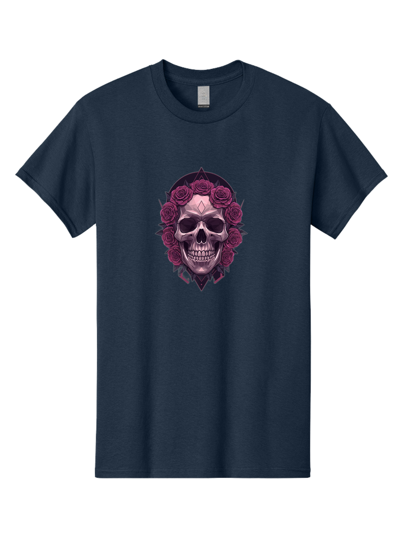 Skull-With-Roses-5 Men'S Graphic Tee, 100% Cotton, Comfortable Casual Summer Wear, Machine Washable, Human Skull, Purple Roses, Diamond-Shaped Gem, Gothic Design, Dark Art, Floral Wreath, Mystical Symbol, Tattoo Art, Grunge Style, Bad618
