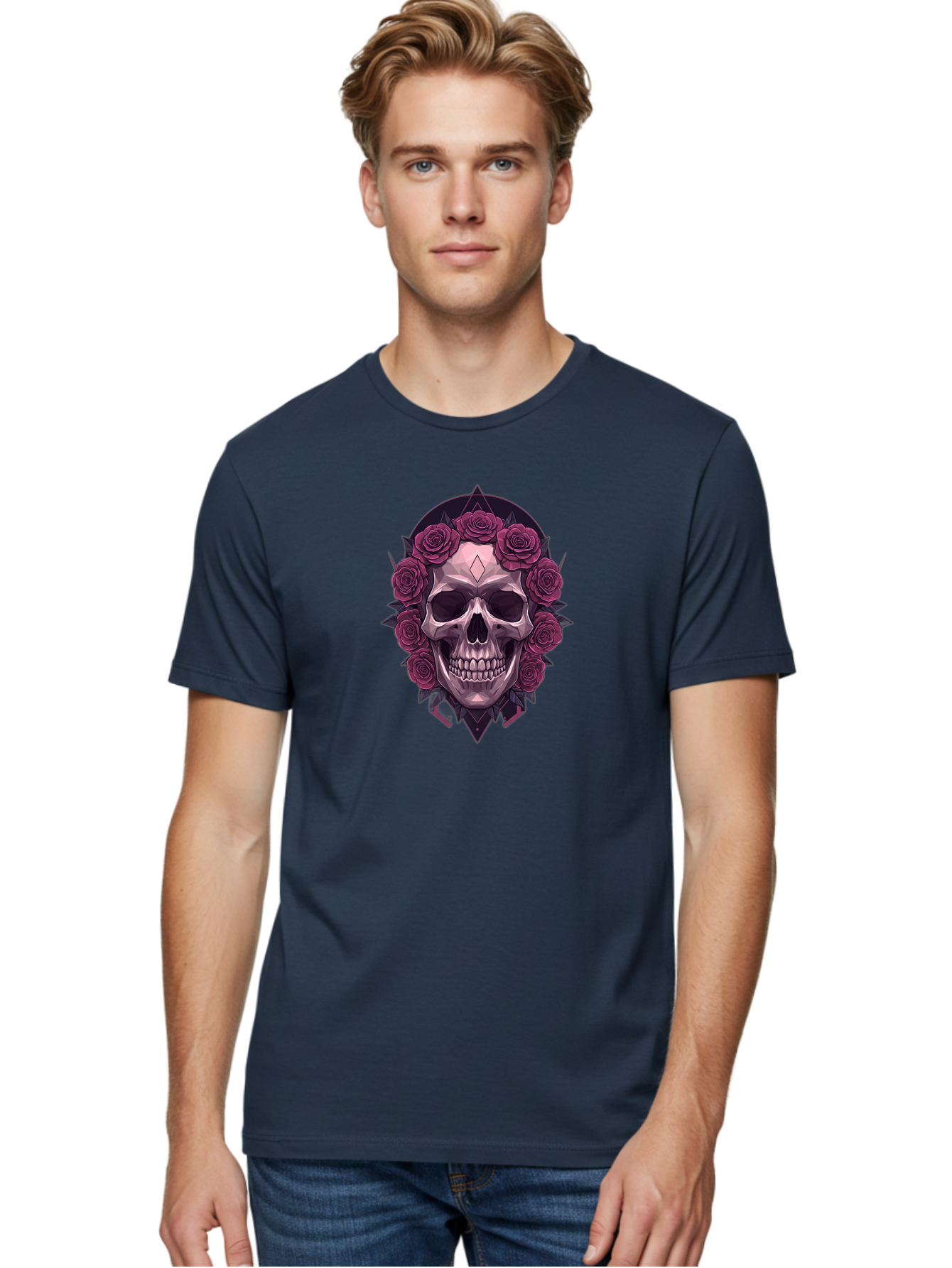 Skull-With-Roses-5 Men'S Graphic Tee, 100% Cotton, Comfortable Casual Summer Wear, Machine Washable, Human Skull, Purple Roses, Diamond-Shaped Gem, Gothic Design, Dark Art, Floral Wreath, Mystical Symbol, Tattoo Art, Grunge Style, Bad618