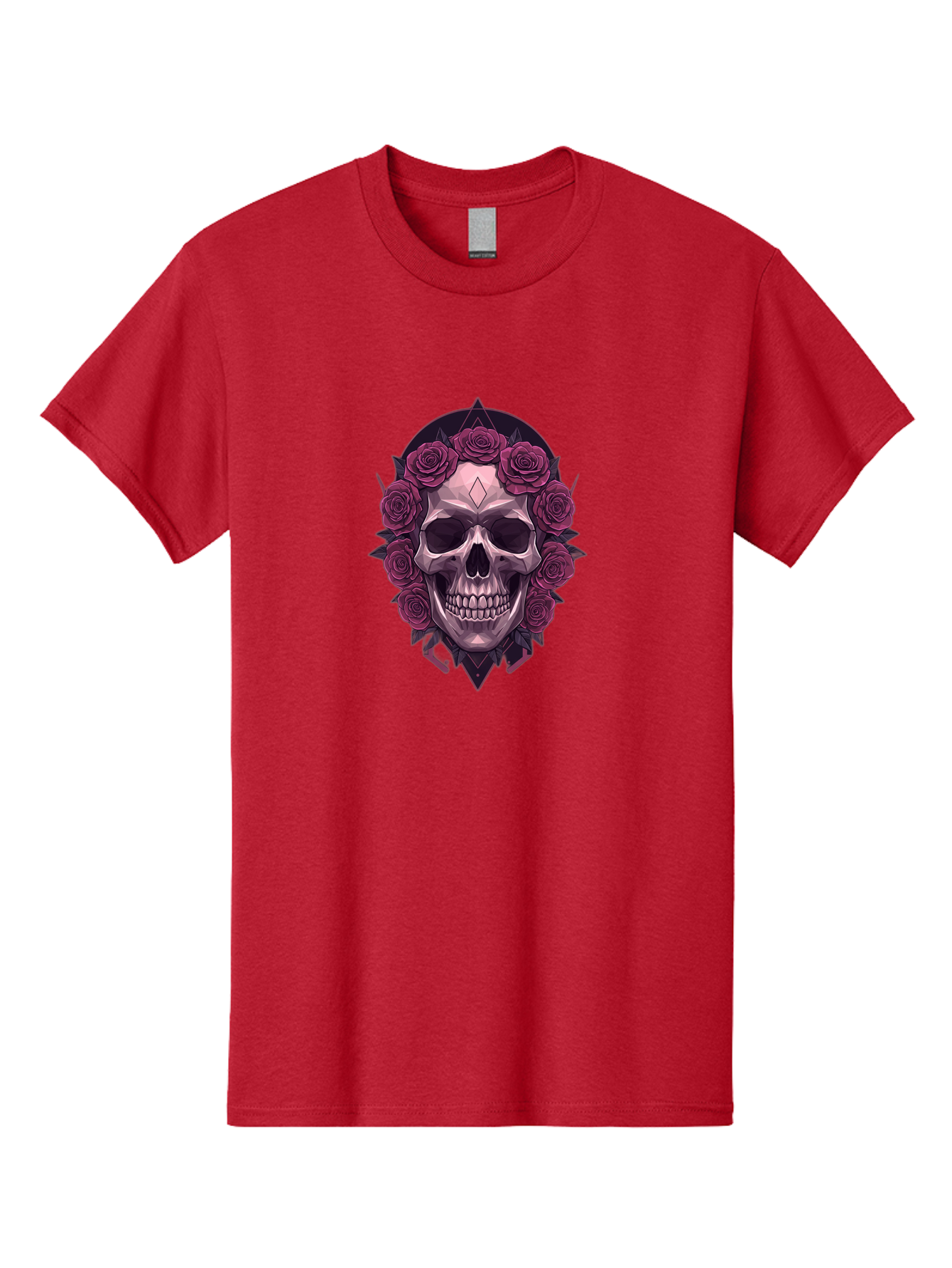 Skull-With-Roses-5 Men'S Graphic Tee, 100% Cotton, Comfortable Casual Summer Wear, Machine Washable, Human Skull, Purple Roses, Diamond-Shaped Gem, Gothic Design, Dark Art, Floral Wreath, Mystical Symbol, Tattoo Art, Grunge Style, Bad618