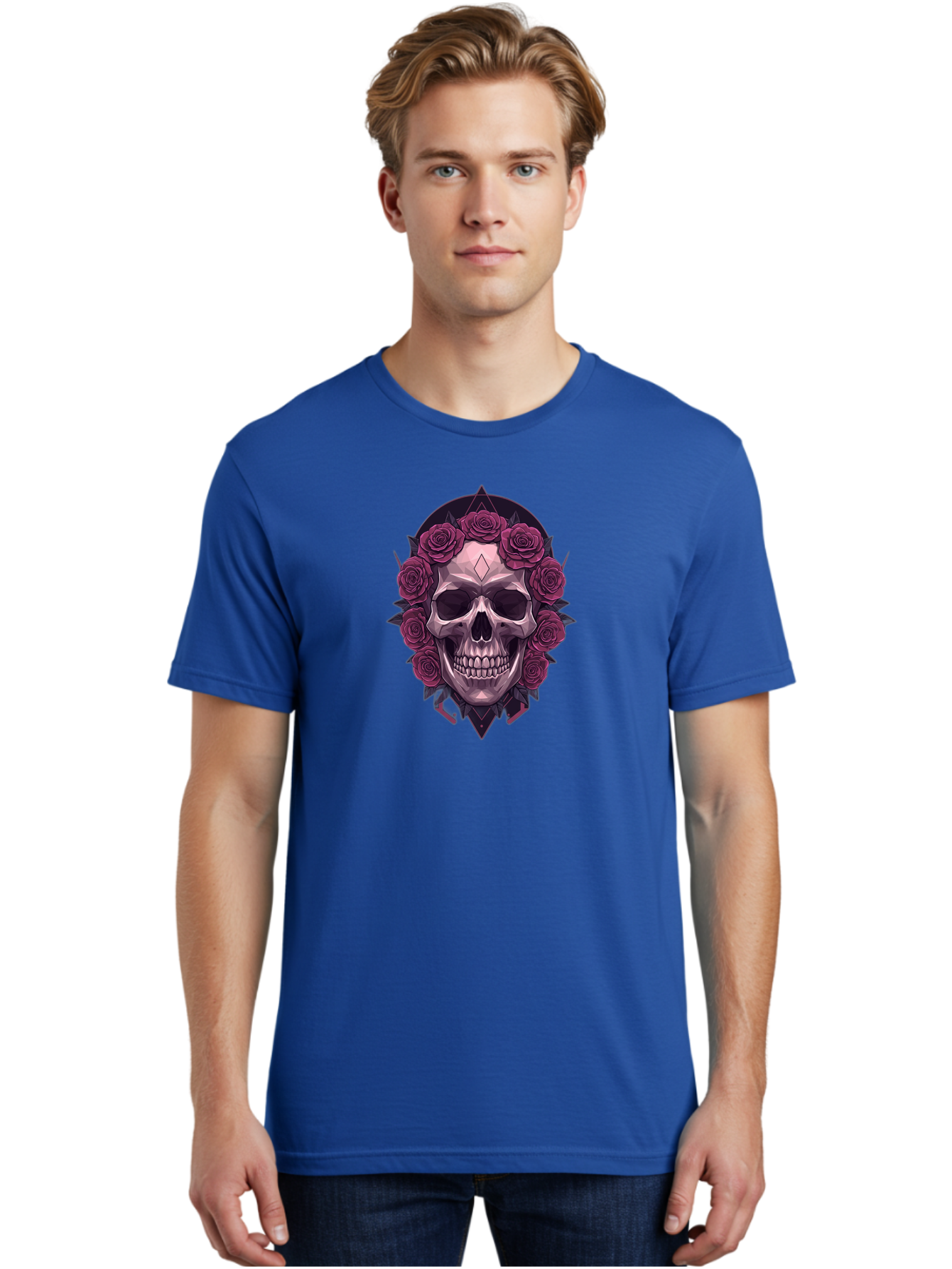 Skull-With-Roses-5 Men'S Graphic Tee, 100% Cotton, Comfortable Casual Summer Wear, Machine Washable, Human Skull, Purple Roses, Diamond-Shaped Gem, Gothic Design, Dark Art, Floral Wreath, Mystical Symbol, Tattoo Art, Grunge Style, Bad618
