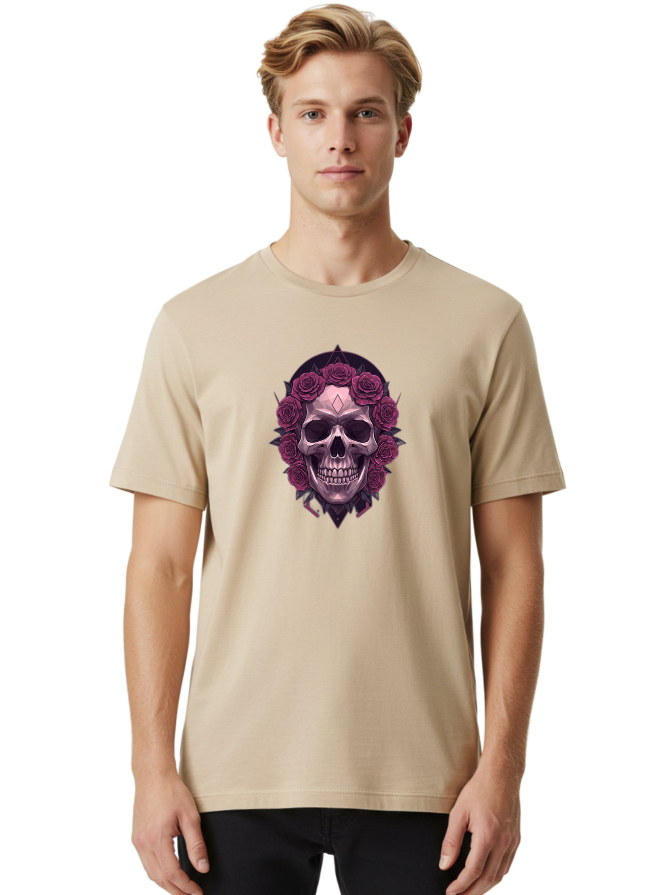 Skull-With-Roses-5 Men'S Graphic Tee, 100% Cotton, Comfortable Casual Summer Wear, Machine Washable, Human Skull, Purple Roses, Diamond-Shaped Gem, Gothic Design, Dark Art, Floral Wreath, Mystical Symbol, Tattoo Art, Grunge Style, Bad618