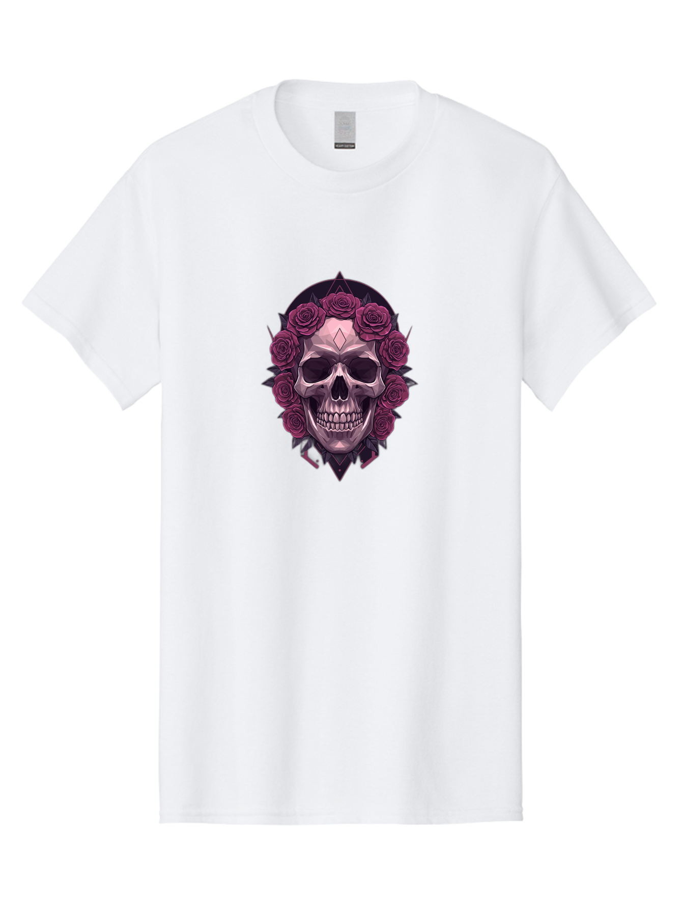 Skull-With-Roses-5 Men'S Graphic Tee, 100% Cotton, Comfortable Casual Summer Wear, Machine Washable, Human Skull, Purple Roses, Diamond-Shaped Gem, Gothic Design, Dark Art, Floral Wreath, Mystical Symbol, Tattoo Art, Grunge Style, Bad618
