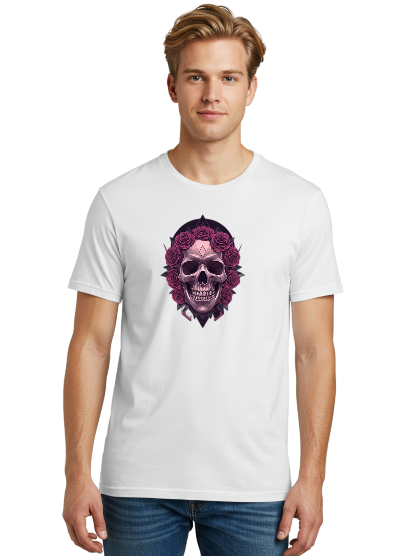 Skull-With-Roses-5 Men'S Graphic Tee, 100% Cotton, Comfortable Casual Summer Wear, Machine Washable, Human Skull, Purple Roses, Diamond-Shaped Gem, Gothic Design, Dark Art, Floral Wreath, Mystical Symbol, Tattoo Art, Grunge Style, Bad618