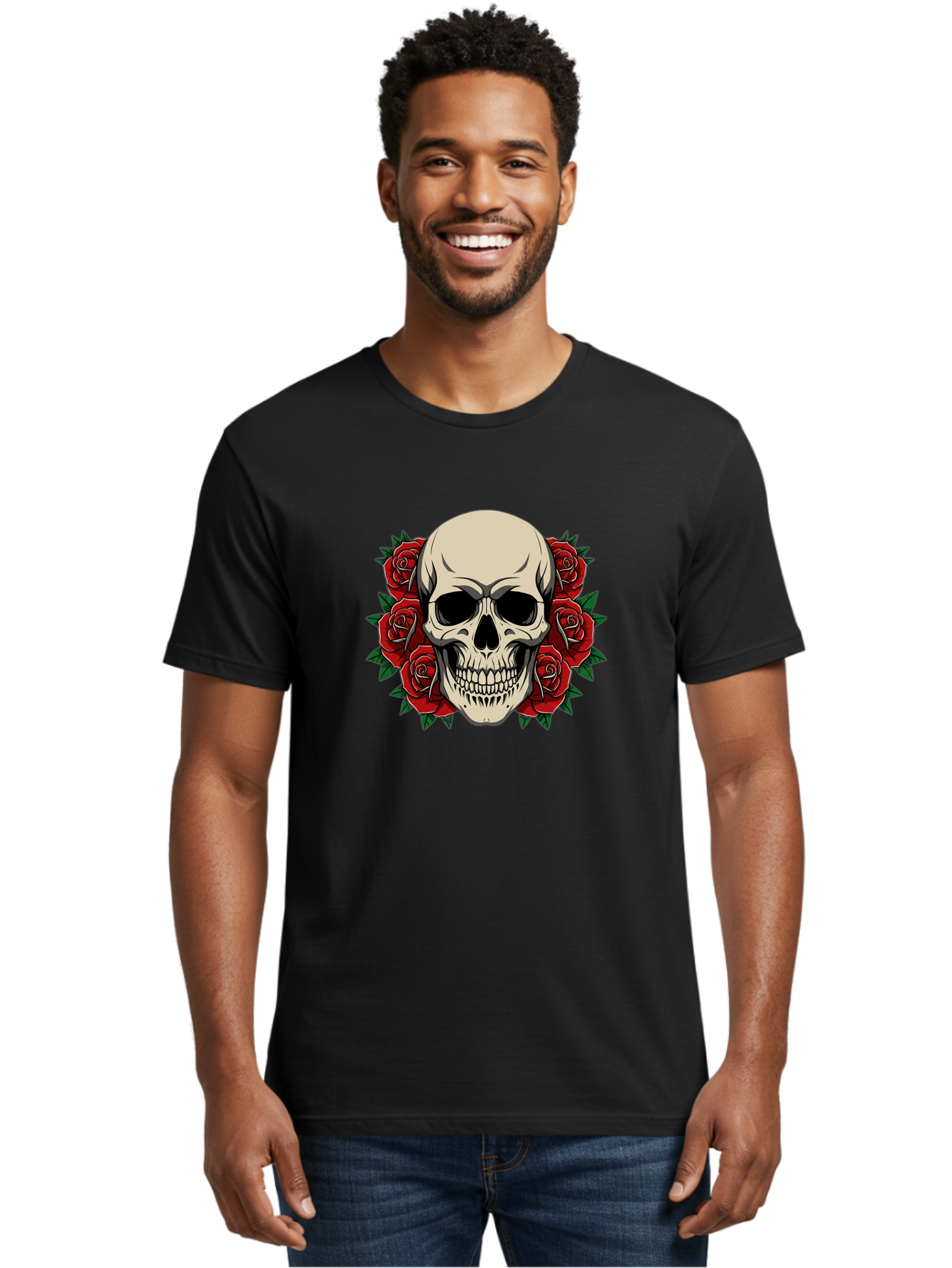 Skull-With-Roses Men'S Graphic Tee, 100% Cotton, Comfortable Casual Summer Wear, Machine Washable, Human Skull, Red Roses, Floral Skull, Gothic Art, Dark Symbolism, Skull Design, Tattoo Art, Gothic Roses Bad619