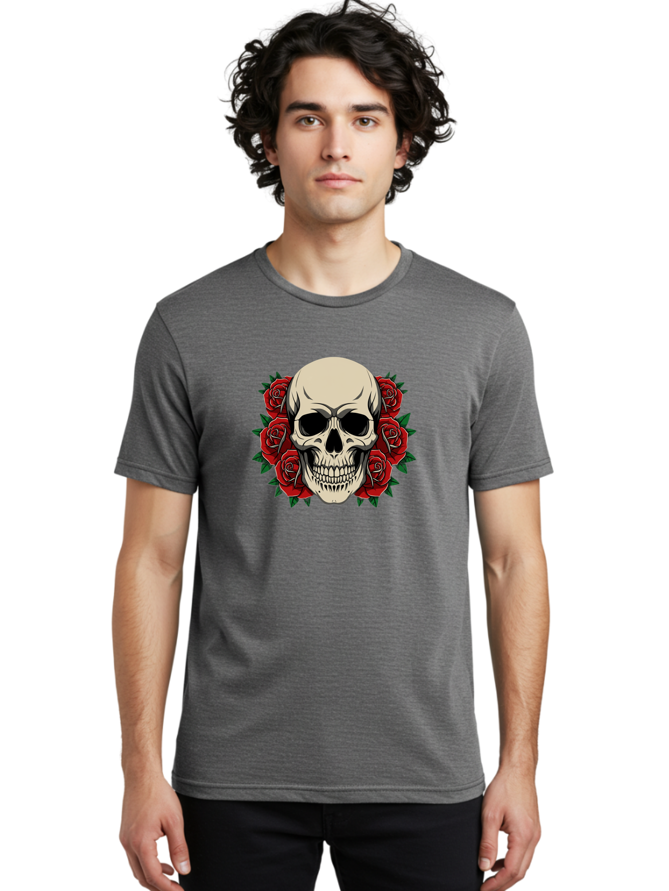 Skull-With-Roses Men'S Graphic Tee, 100% Cotton, Comfortable Casual Summer Wear, Machine Washable, Human Skull, Red Roses, Floral Skull, Gothic Art, Dark Symbolism, Skull Design, Tattoo Art, Gothic Roses Bad619