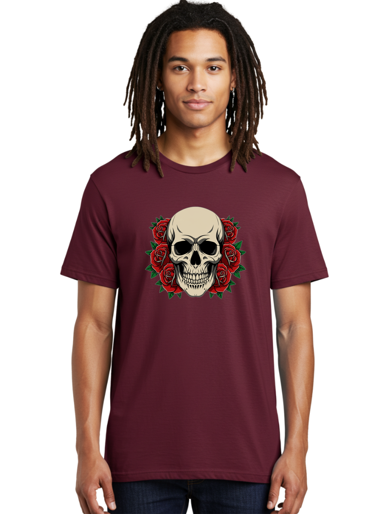 Skull-With-Roses Men'S Graphic Tee, 100% Cotton, Comfortable Casual Summer Wear, Machine Washable, Human Skull, Red Roses, Floral Skull, Gothic Art, Dark Symbolism, Skull Design, Tattoo Art, Gothic Roses Bad619