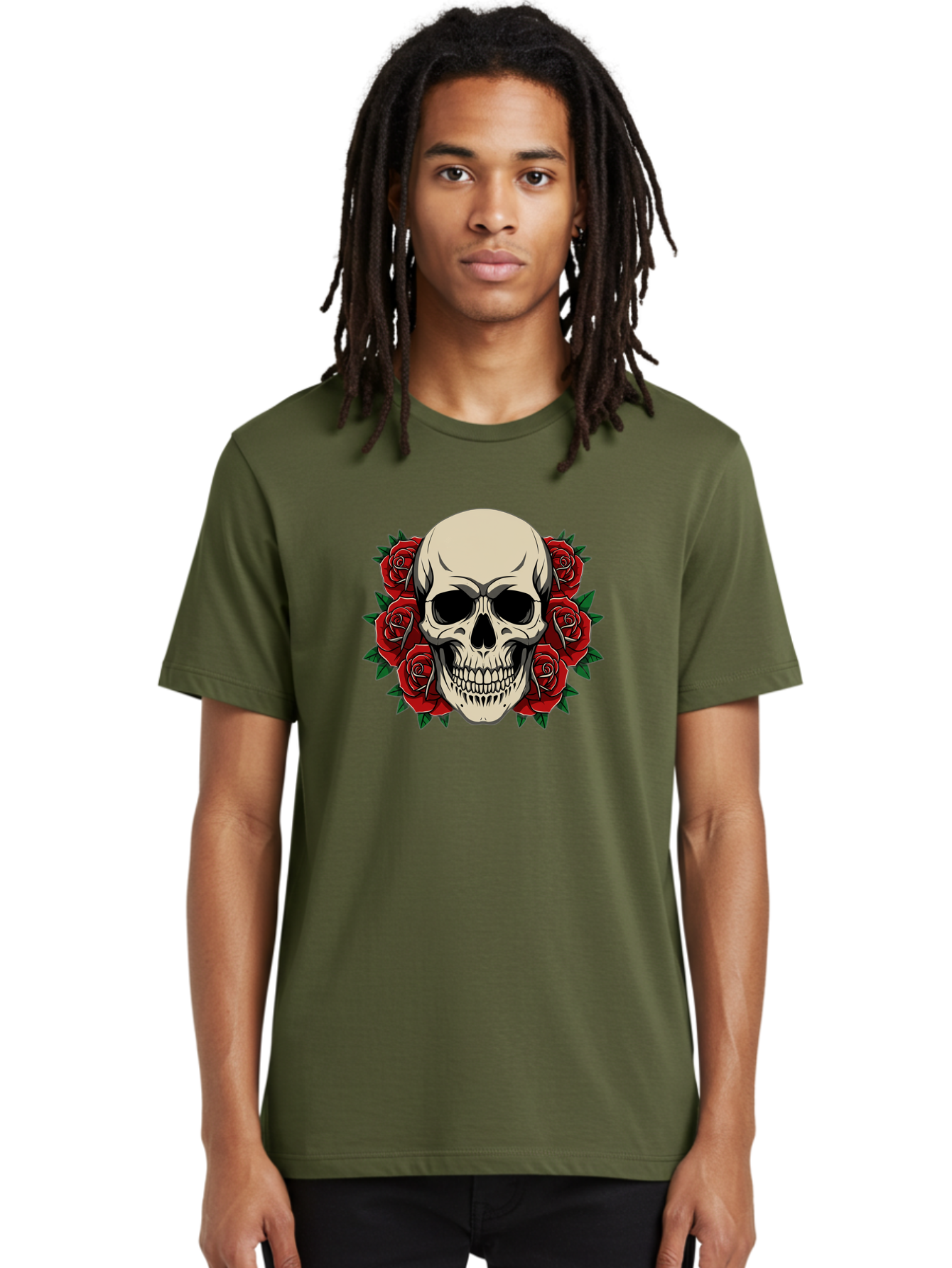 Skull-With-Roses Men'S Graphic Tee, 100% Cotton, Comfortable Casual Summer Wear, Machine Washable, Human Skull, Red Roses, Floral Skull, Gothic Art, Dark Symbolism, Skull Design, Tattoo Art, Gothic Roses Bad619