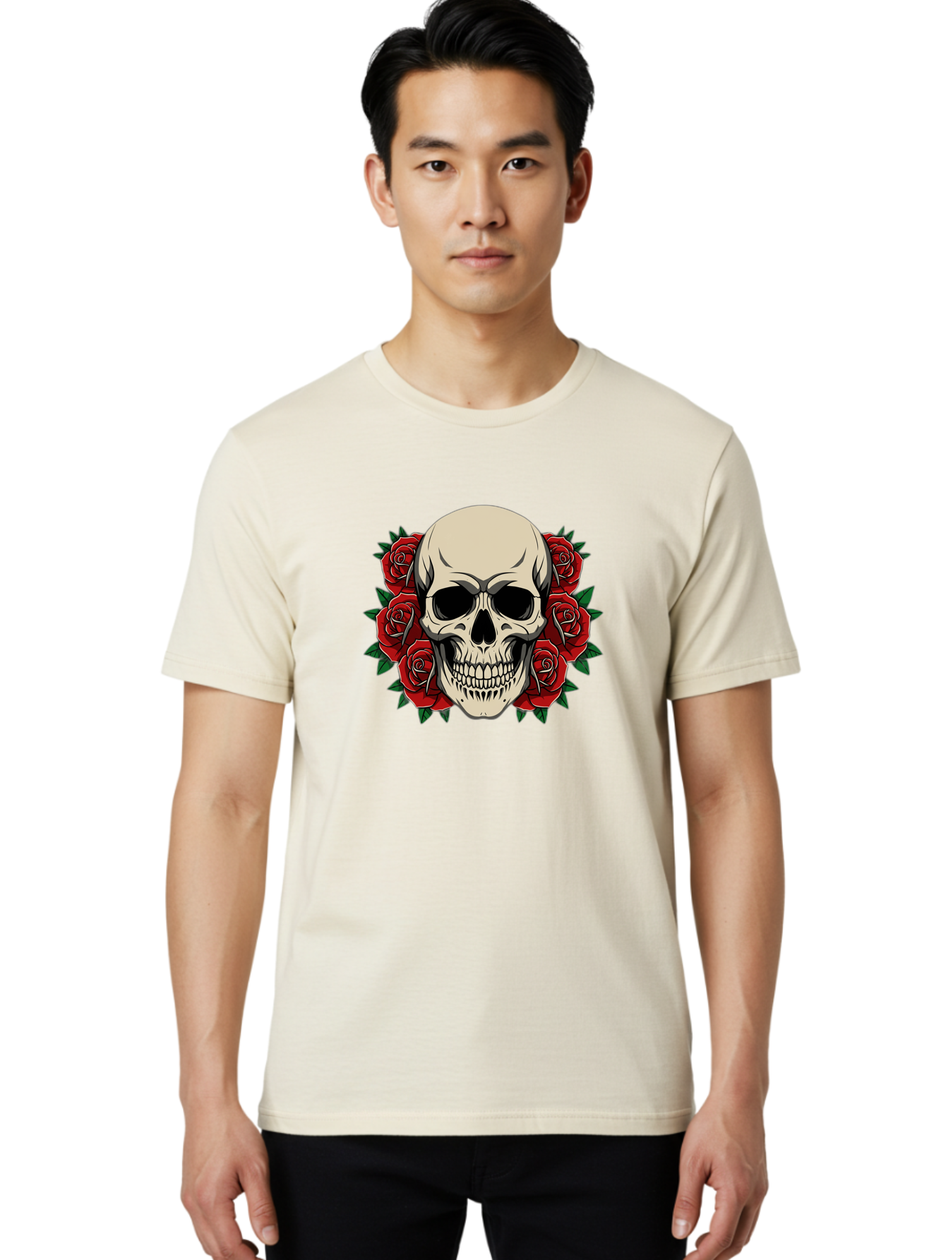 Skull-With-Roses Men'S Graphic Tee, 100% Cotton, Comfortable Casual Summer Wear, Machine Washable, Human Skull, Red Roses, Floral Skull, Gothic Art, Dark Symbolism, Skull Design, Tattoo Art, Gothic Roses Bad619
