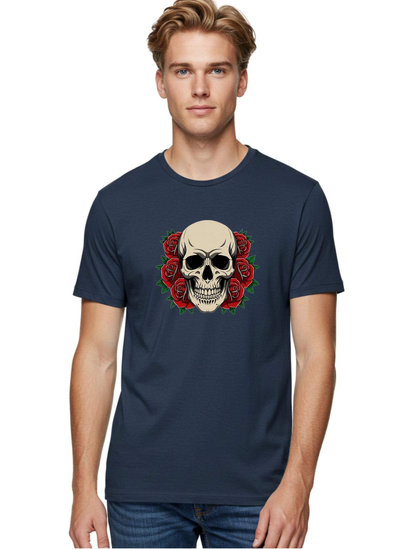 Skull-With-Roses Men'S Graphic Tee, 100% Cotton, Comfortable Casual Summer Wear, Machine Washable, Human Skull, Red Roses, Floral Skull, Gothic Art, Dark Symbolism, Skull Design, Tattoo Art, Gothic Roses Bad619