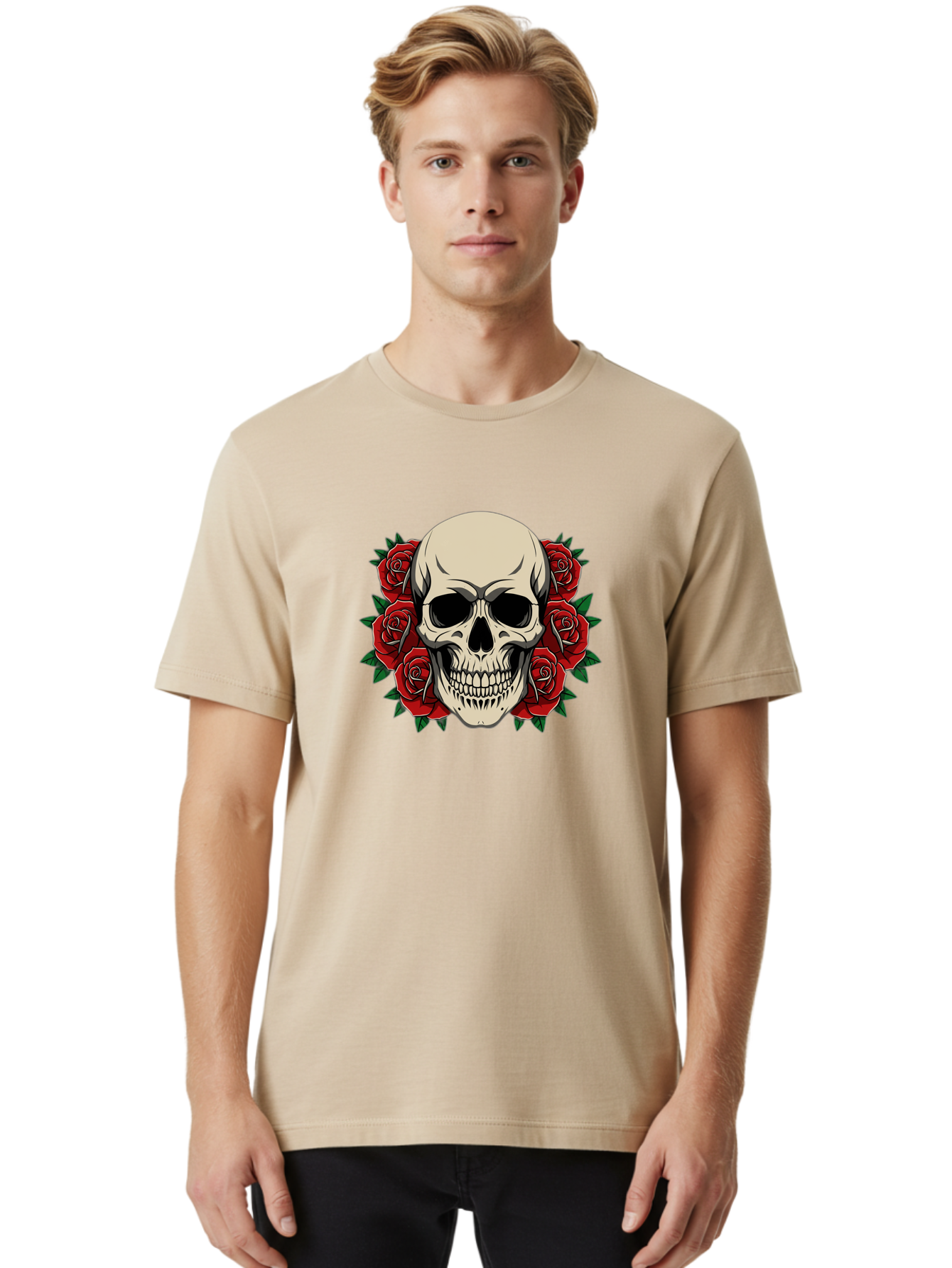 Skull-With-Roses Men'S Graphic Tee, 100% Cotton, Comfortable Casual Summer Wear, Machine Washable, Human Skull, Red Roses, Floral Skull, Gothic Art, Dark Symbolism, Skull Design, Tattoo Art, Gothic Roses Bad619