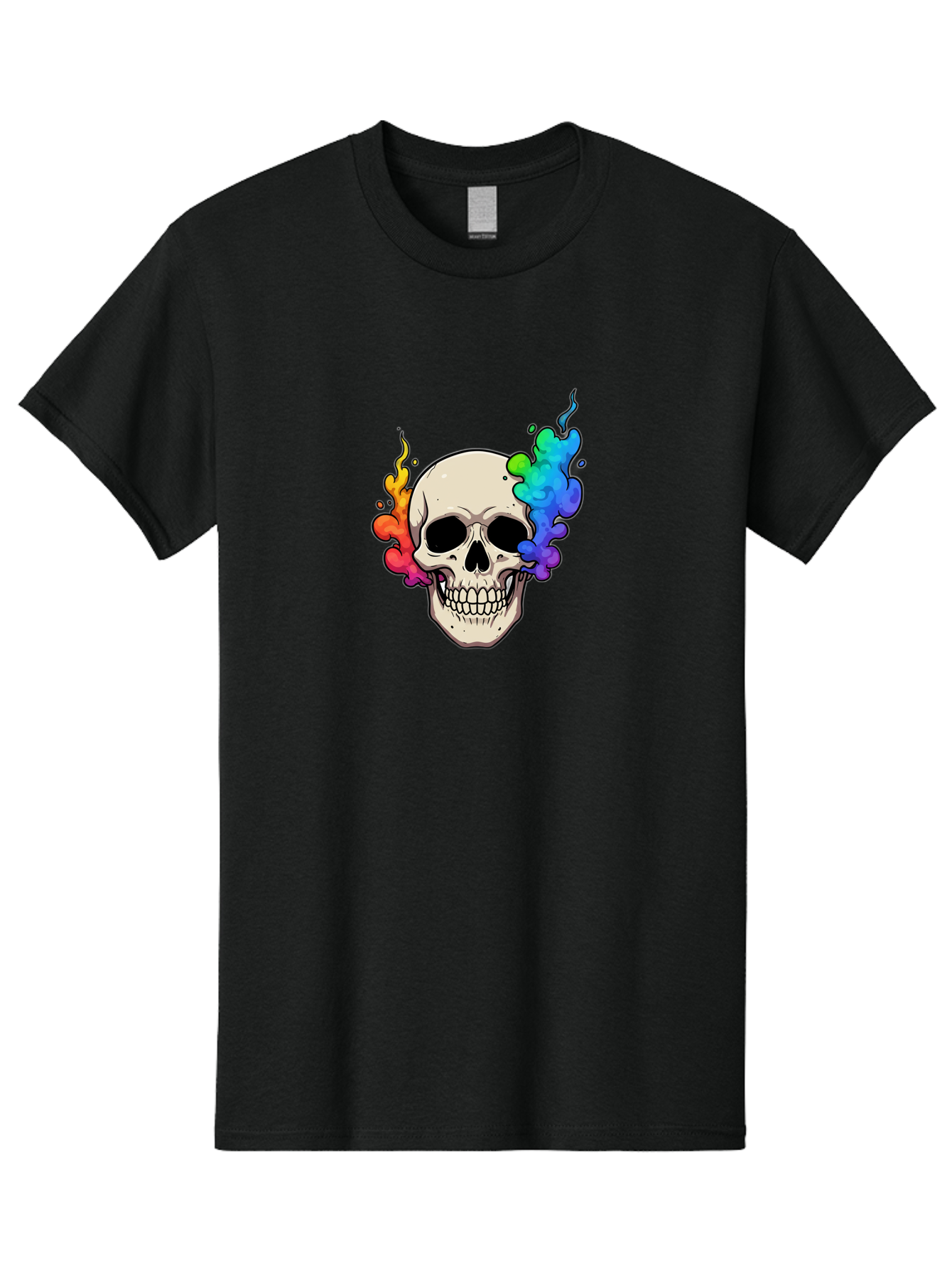 Skull-With-Smoke Men'S Graphic Tee, 100% Cotton, Comfortable Casual Summer Wear, Machine Washable, Cartoon Skull, Rainbow Smoke, Colorful Illustration, Vibrant Art, Edgy Design, Grunge Style, Street Art, Graphic Design, Skull Art, Bad620