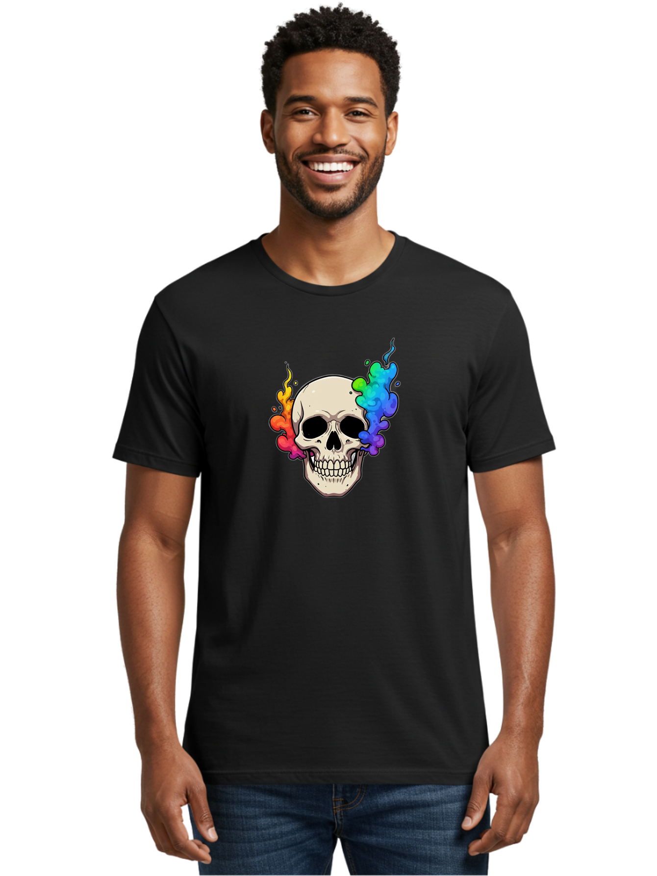 Skull-With-Smoke Men'S Graphic Tee, 100% Cotton, Comfortable Casual Summer Wear, Machine Washable, Cartoon Skull, Rainbow Smoke, Colorful Illustration, Vibrant Art, Edgy Design, Grunge Style, Street Art, Graphic Design, Skull Art, Bad620