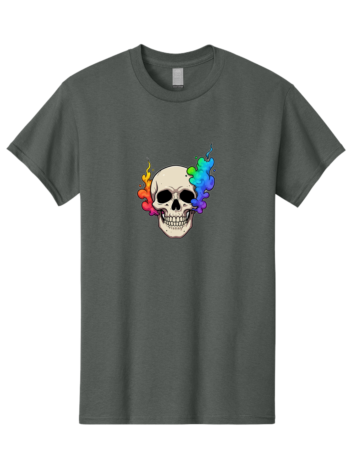 Skull-With-Smoke Men'S Graphic Tee, 100% Cotton, Comfortable Casual Summer Wear, Machine Washable, Cartoon Skull, Rainbow Smoke, Colorful Illustration, Vibrant Art, Edgy Design, Grunge Style, Street Art, Graphic Design, Skull Art, Bad620