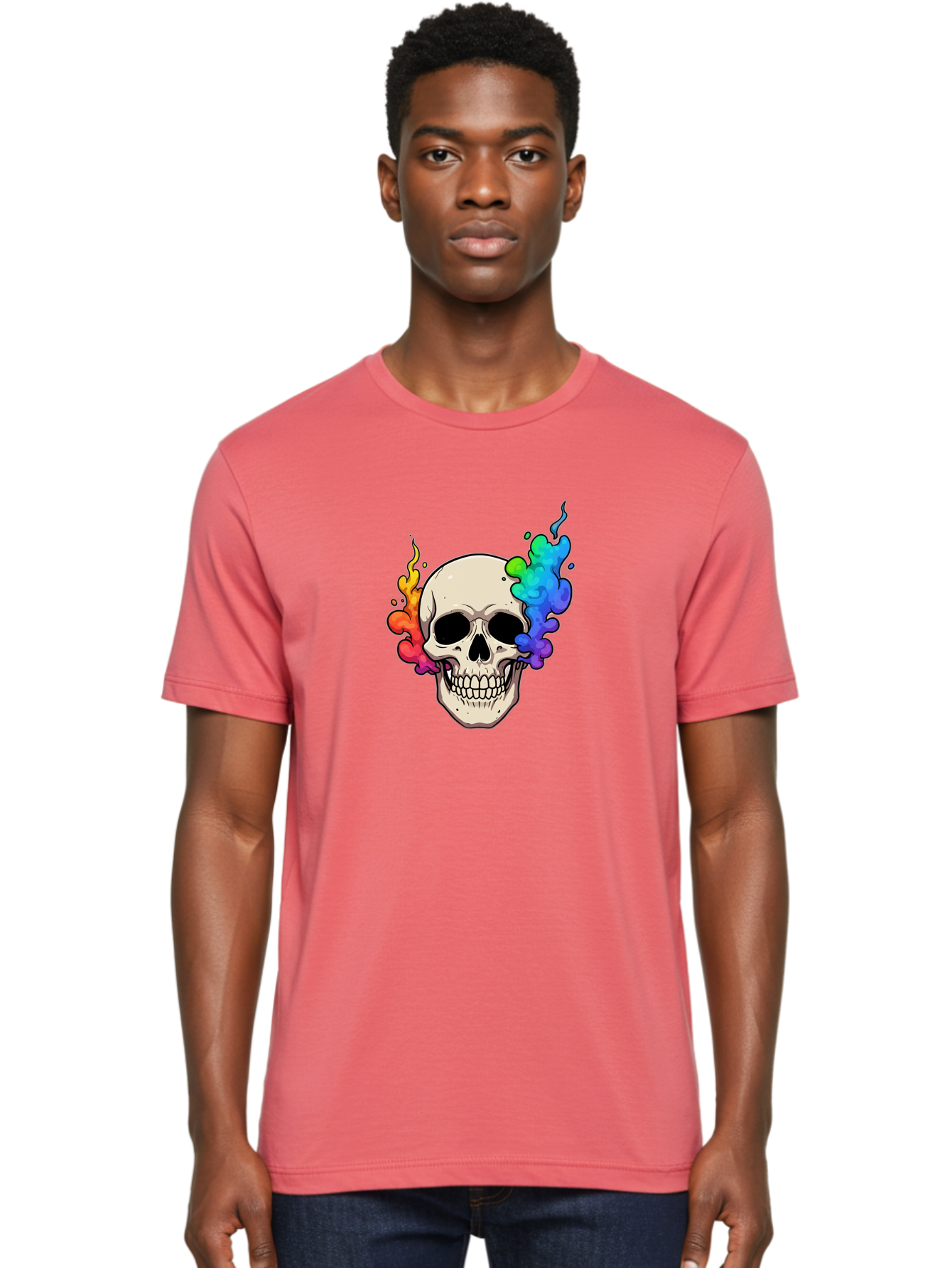 Skull-With-Smoke Men'S Graphic Tee, 100% Cotton, Comfortable Casual Summer Wear, Machine Washable, Cartoon Skull, Rainbow Smoke, Colorful Illustration, Vibrant Art, Edgy Design, Grunge Style, Street Art, Graphic Design, Skull Art, Bad620