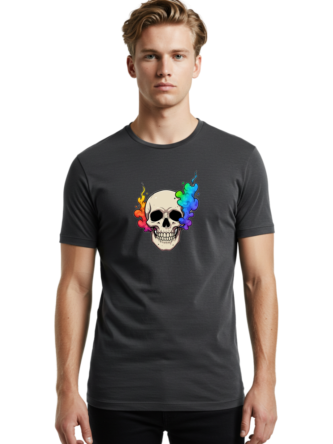 Skull-With-Smoke Men'S Graphic Tee, 100% Cotton, Comfortable Casual Summer Wear, Machine Washable, Cartoon Skull, Rainbow Smoke, Colorful Illustration, Vibrant Art, Edgy Design, Grunge Style, Street Art, Graphic Design, Skull Art, Bad620