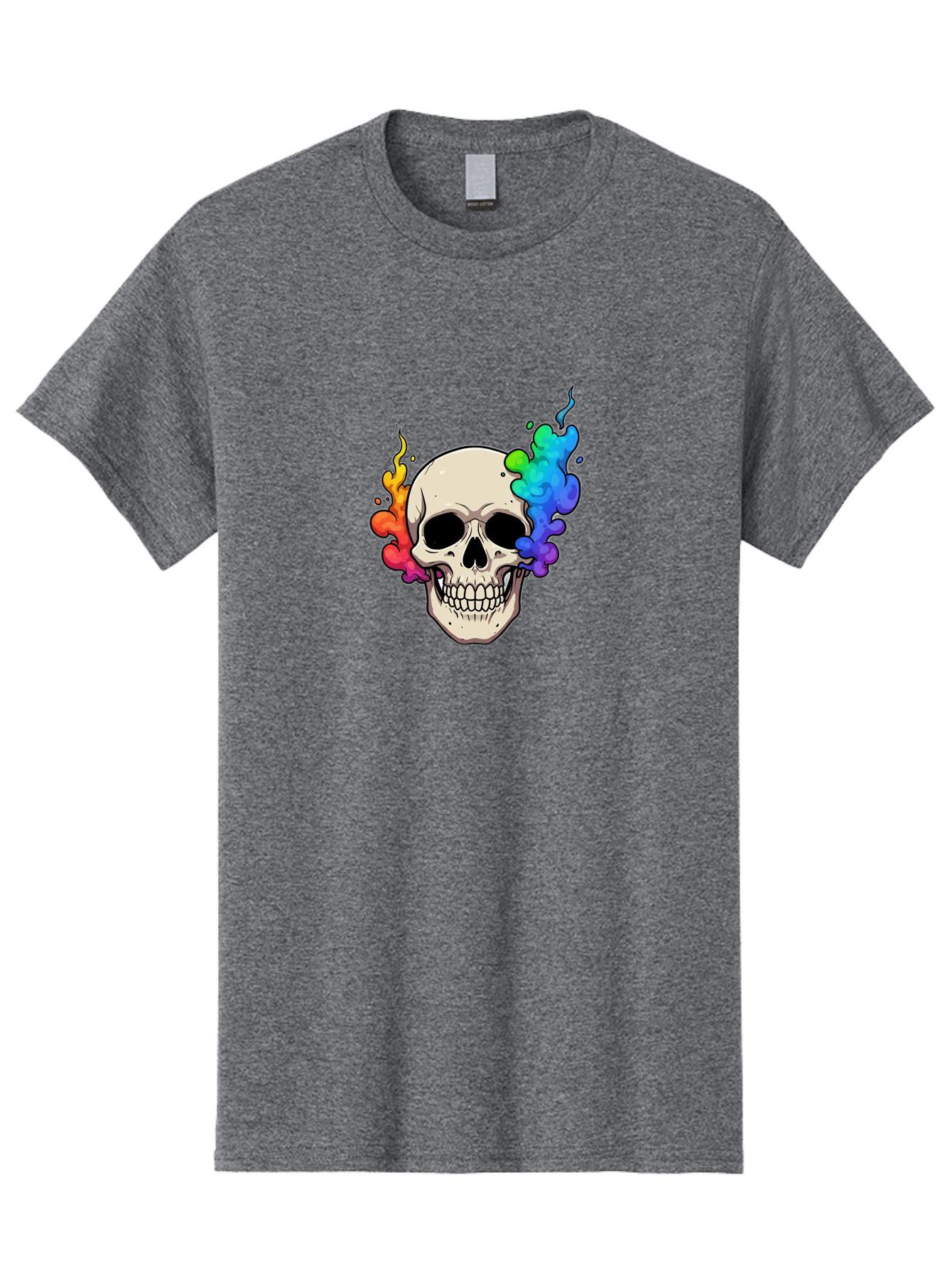 Skull-With-Smoke Men'S Graphic Tee, 100% Cotton, Comfortable Casual Summer Wear, Machine Washable, Cartoon Skull, Rainbow Smoke, Colorful Illustration, Vibrant Art, Edgy Design, Grunge Style, Street Art, Graphic Design, Skull Art, Bad620