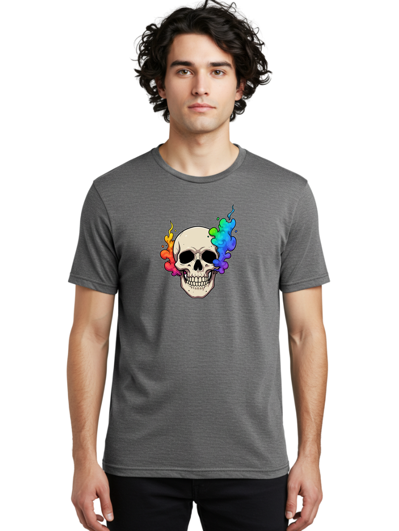 Skull-With-Smoke Men'S Graphic Tee, 100% Cotton, Comfortable Casual Summer Wear, Machine Washable, Cartoon Skull, Rainbow Smoke, Colorful Illustration, Vibrant Art, Edgy Design, Grunge Style, Street Art, Graphic Design, Skull Art, Bad620
