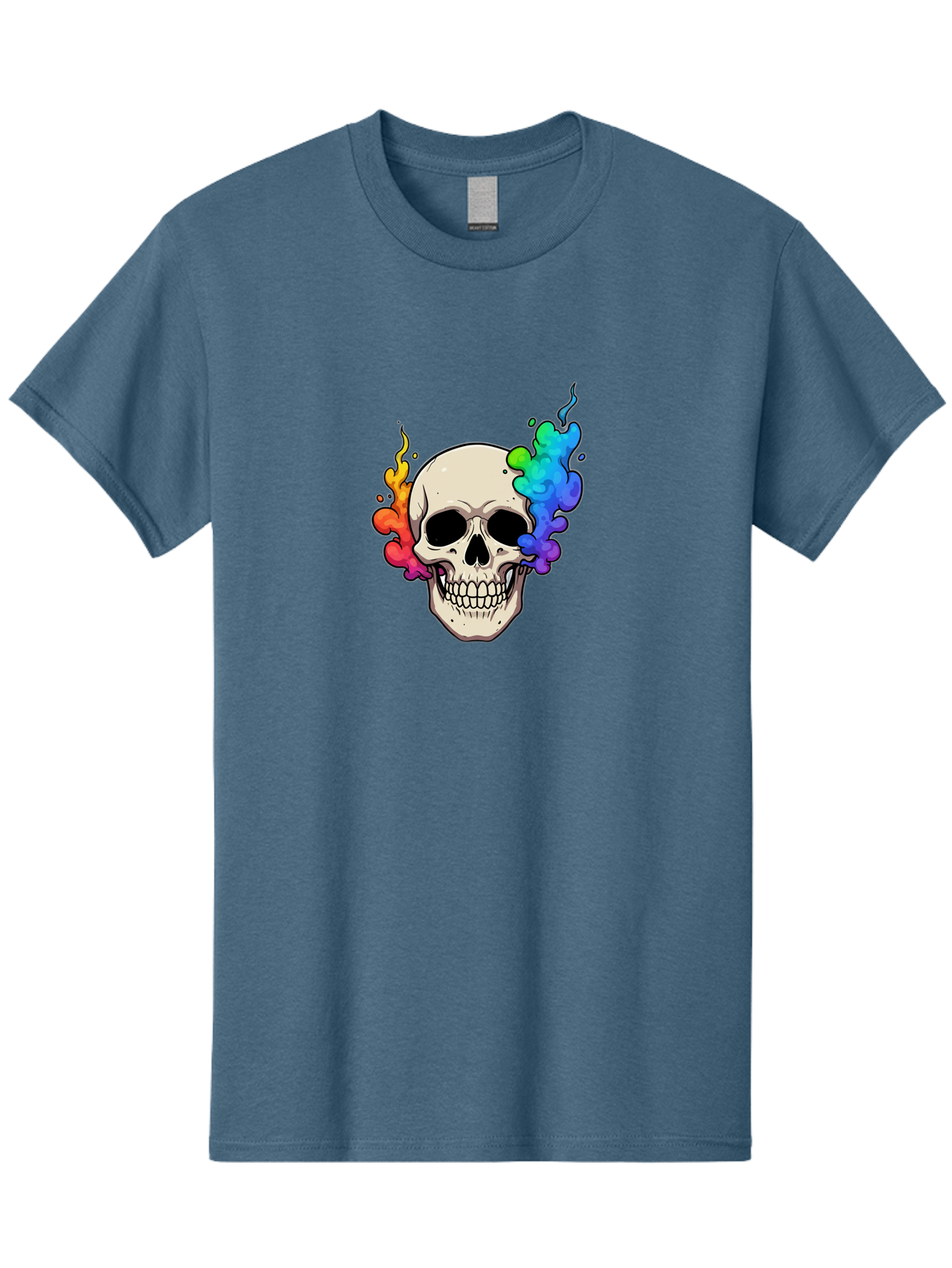 Skull-With-Smoke Men'S Graphic Tee, 100% Cotton, Comfortable Casual Summer Wear, Machine Washable, Cartoon Skull, Rainbow Smoke, Colorful Illustration, Vibrant Art, Edgy Design, Grunge Style, Street Art, Graphic Design, Skull Art, Bad620