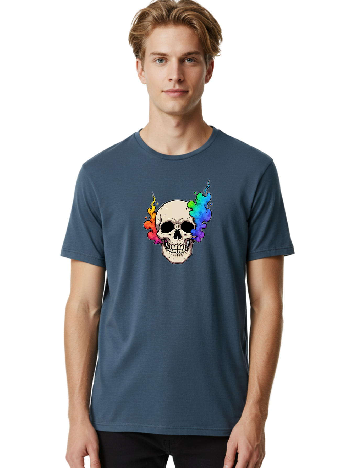 Skull-With-Smoke Men'S Graphic Tee, 100% Cotton, Comfortable Casual Summer Wear, Machine Washable, Cartoon Skull, Rainbow Smoke, Colorful Illustration, Vibrant Art, Edgy Design, Grunge Style, Street Art, Graphic Design, Skull Art, Bad620