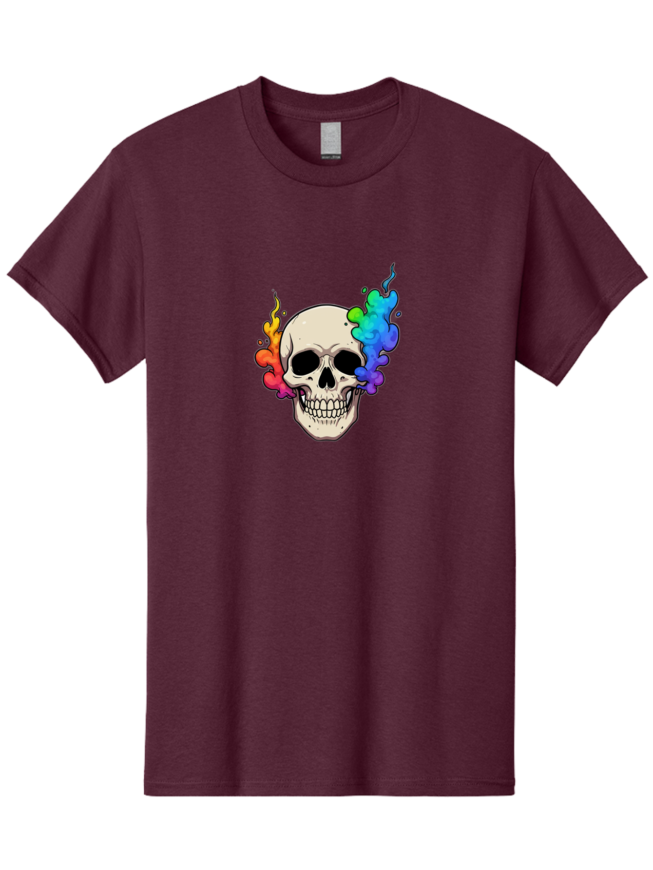 Skull-With-Smoke Men'S Graphic Tee, 100% Cotton, Comfortable Casual Summer Wear, Machine Washable, Cartoon Skull, Rainbow Smoke, Colorful Illustration, Vibrant Art, Edgy Design, Grunge Style, Street Art, Graphic Design, Skull Art, Bad620