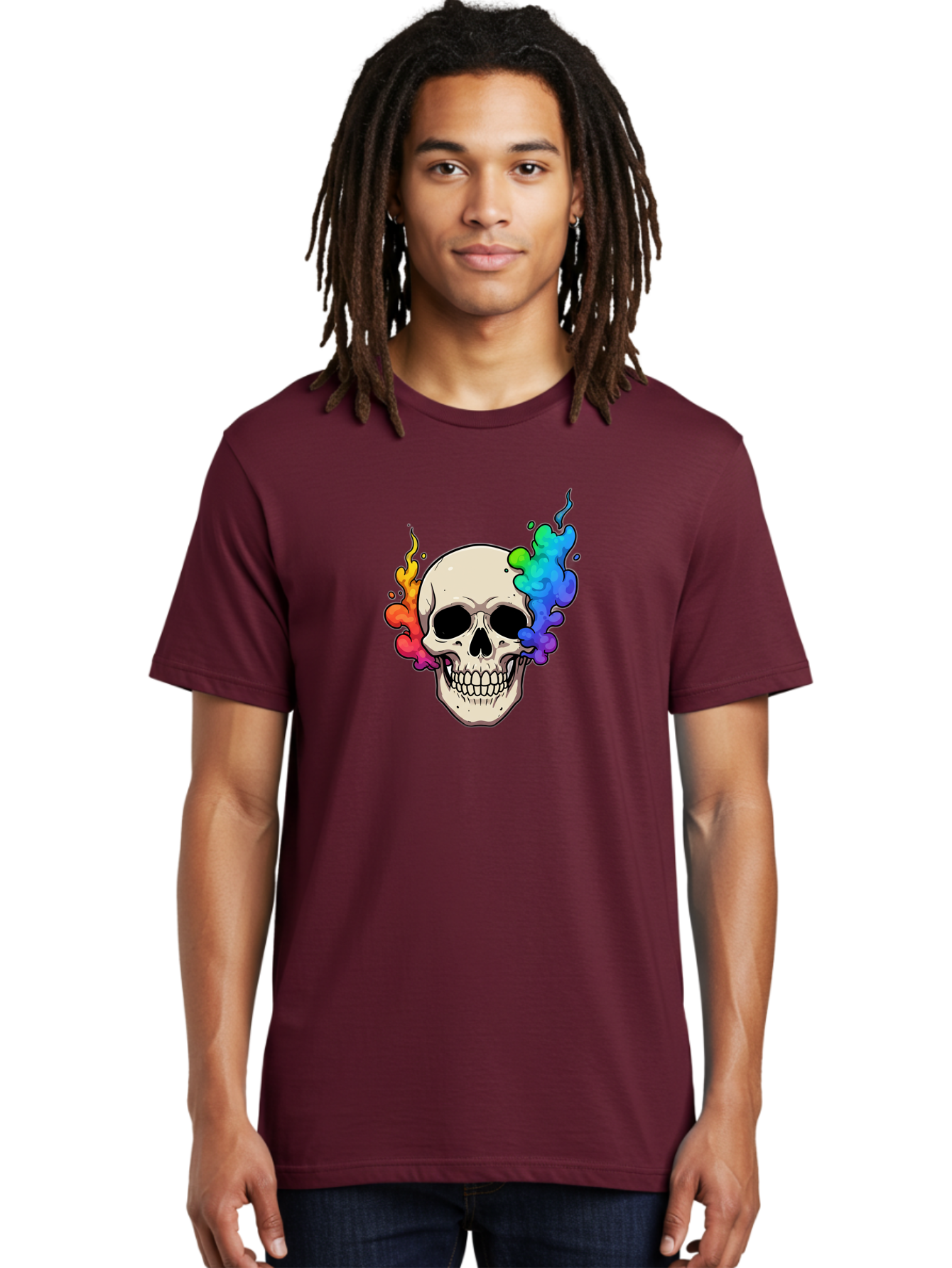 Skull-With-Smoke Men'S Graphic Tee, 100% Cotton, Comfortable Casual Summer Wear, Machine Washable, Cartoon Skull, Rainbow Smoke, Colorful Illustration, Vibrant Art, Edgy Design, Grunge Style, Street Art, Graphic Design, Skull Art, Bad620