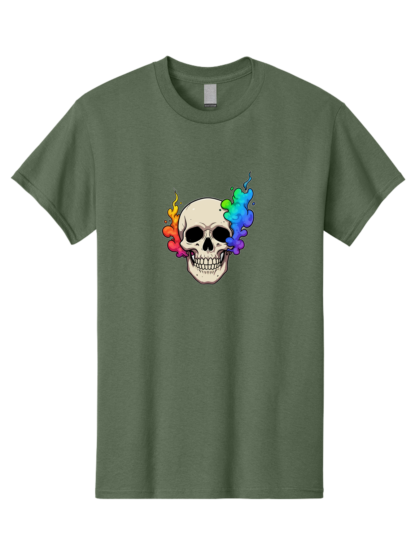 Skull-With-Smoke Men'S Graphic Tee, 100% Cotton, Comfortable Casual Summer Wear, Machine Washable, Cartoon Skull, Rainbow Smoke, Colorful Illustration, Vibrant Art, Edgy Design, Grunge Style, Street Art, Graphic Design, Skull Art, Bad620