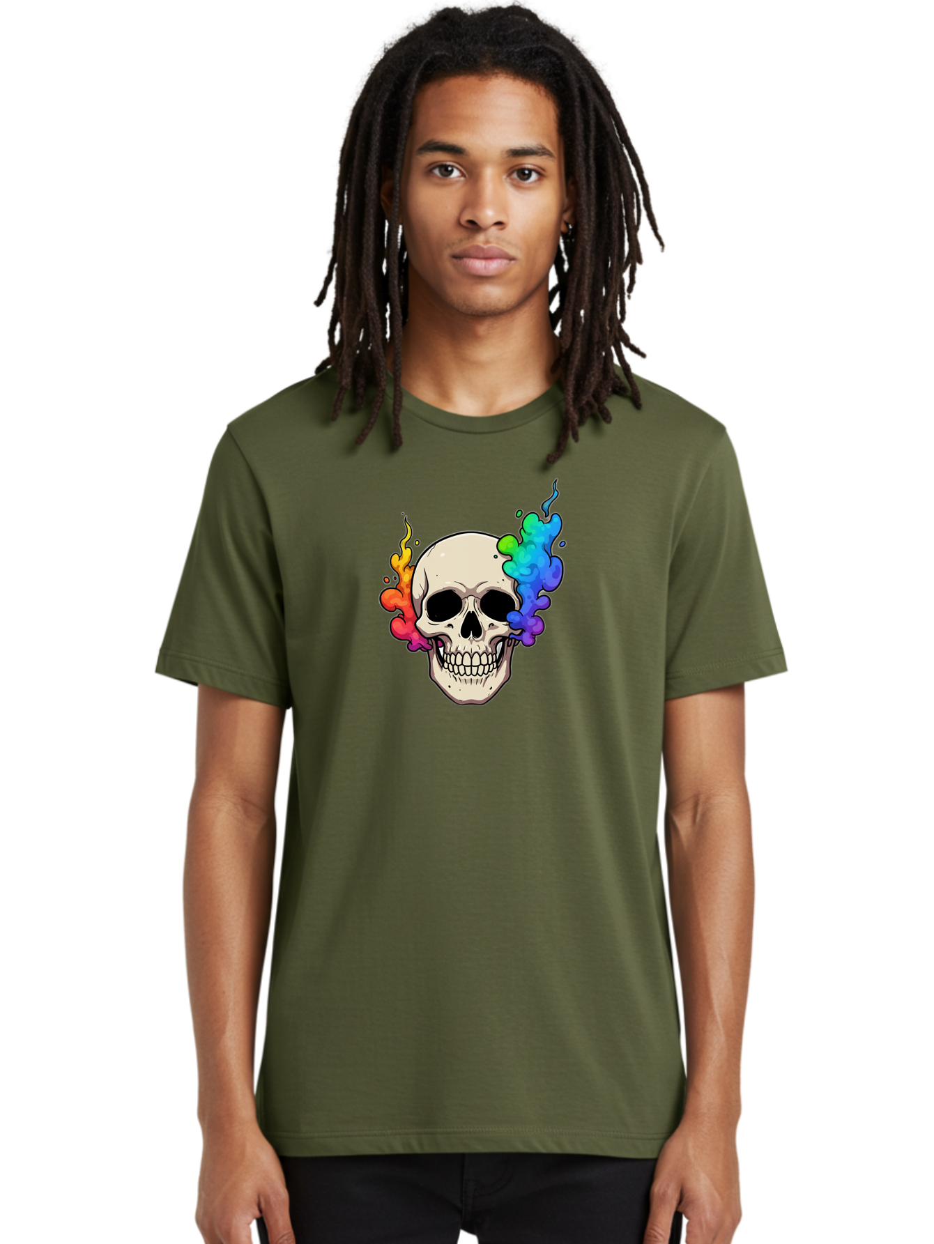 Skull-With-Smoke Men'S Graphic Tee, 100% Cotton, Comfortable Casual Summer Wear, Machine Washable, Cartoon Skull, Rainbow Smoke, Colorful Illustration, Vibrant Art, Edgy Design, Grunge Style, Street Art, Graphic Design, Skull Art, Bad620