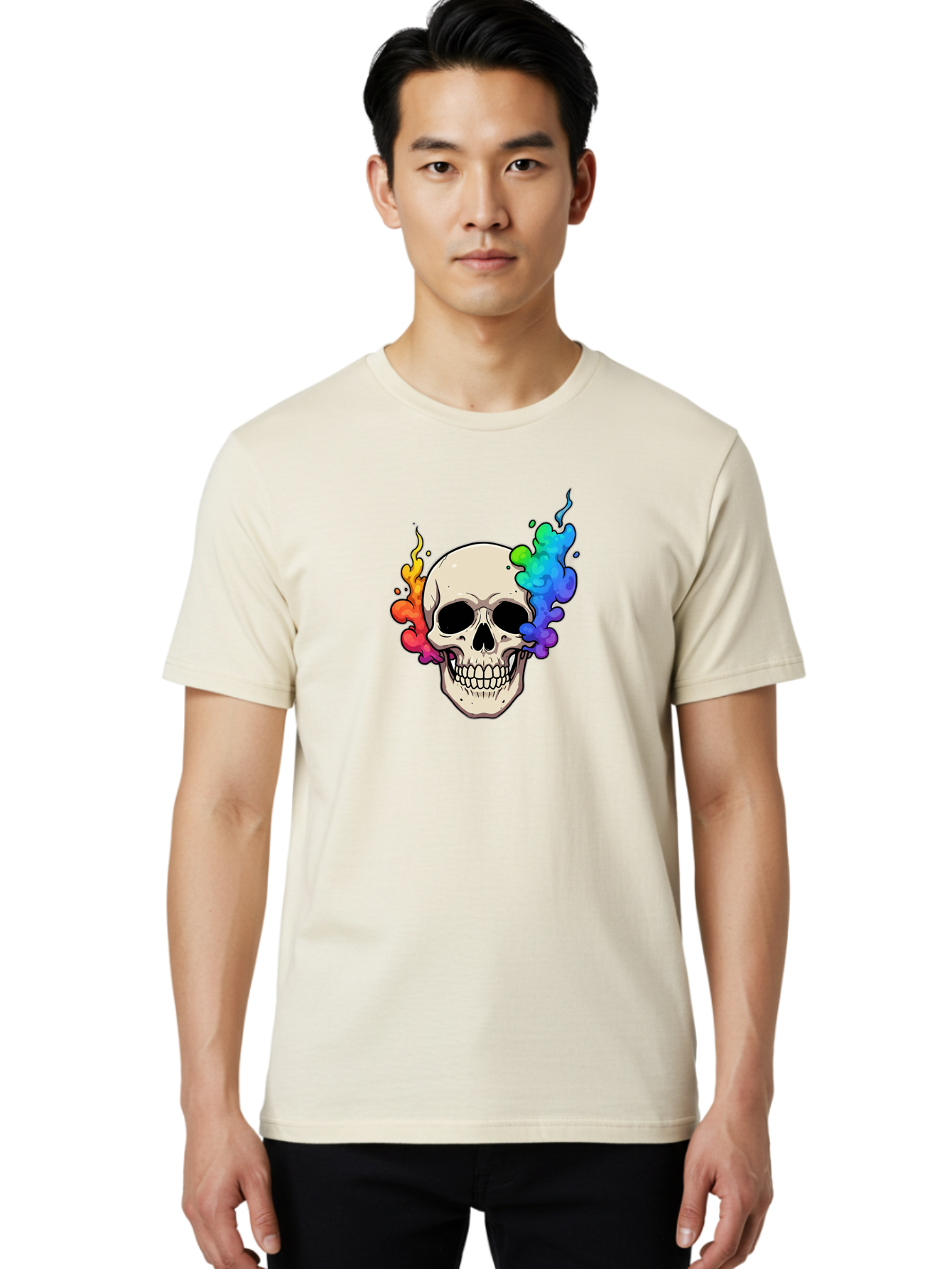 Skull-With-Smoke Men'S Graphic Tee, 100% Cotton, Comfortable Casual Summer Wear, Machine Washable, Cartoon Skull, Rainbow Smoke, Colorful Illustration, Vibrant Art, Edgy Design, Grunge Style, Street Art, Graphic Design, Skull Art, Bad620