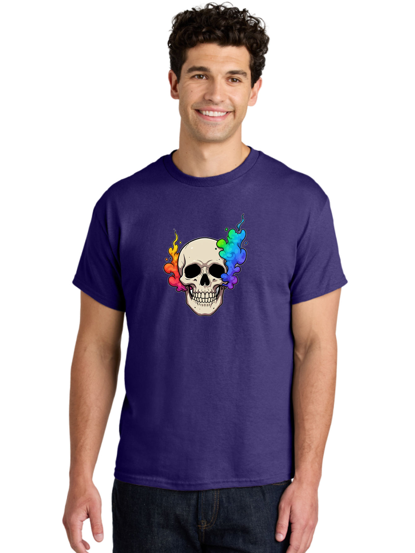 Skull-With-Smoke Men'S Graphic Tee, 100% Cotton, Comfortable Casual Summer Wear, Machine Washable, Cartoon Skull, Rainbow Smoke, Colorful Illustration, Vibrant Art, Edgy Design, Grunge Style, Street Art, Graphic Design, Skull Art, Bad620