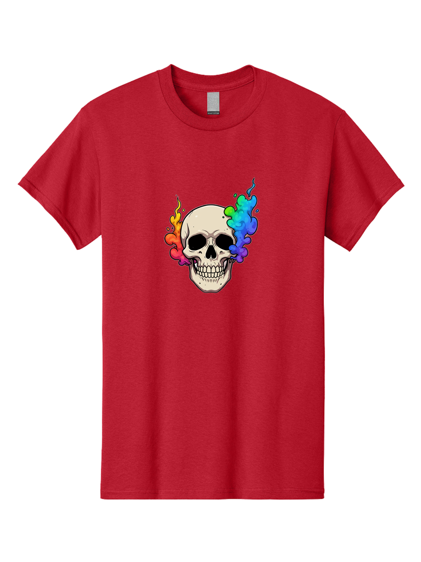 Skull-With-Smoke Men'S Graphic Tee, 100% Cotton, Comfortable Casual Summer Wear, Machine Washable, Cartoon Skull, Rainbow Smoke, Colorful Illustration, Vibrant Art, Edgy Design, Grunge Style, Street Art, Graphic Design, Skull Art, Bad620