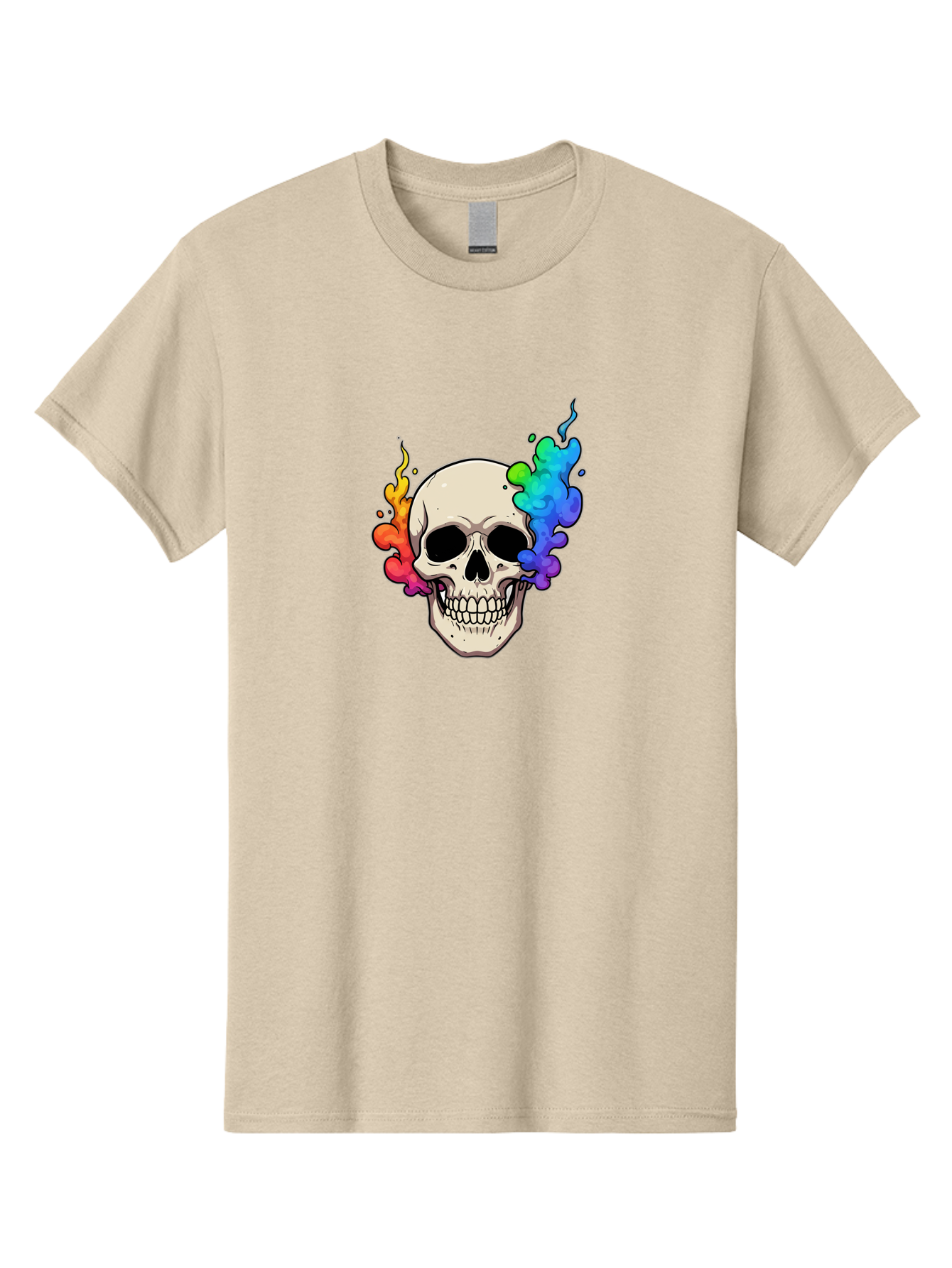 Skull-With-Smoke Men'S Graphic Tee, 100% Cotton, Comfortable Casual Summer Wear, Machine Washable, Cartoon Skull, Rainbow Smoke, Colorful Illustration, Vibrant Art, Edgy Design, Grunge Style, Street Art, Graphic Design, Skull Art, Bad620
