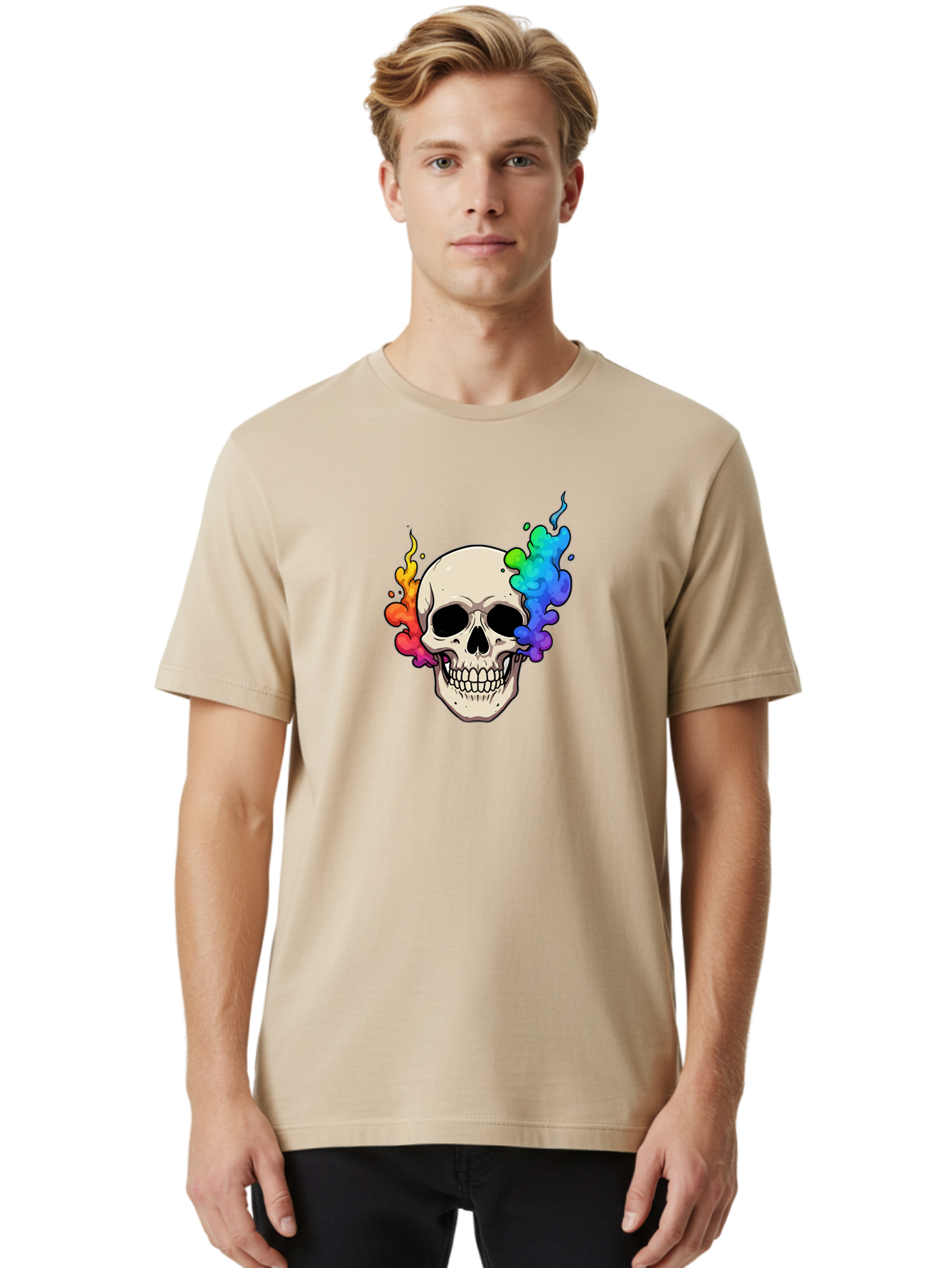 Skull-With-Smoke Men'S Graphic Tee, 100% Cotton, Comfortable Casual Summer Wear, Machine Washable, Cartoon Skull, Rainbow Smoke, Colorful Illustration, Vibrant Art, Edgy Design, Grunge Style, Street Art, Graphic Design, Skull Art, Bad620