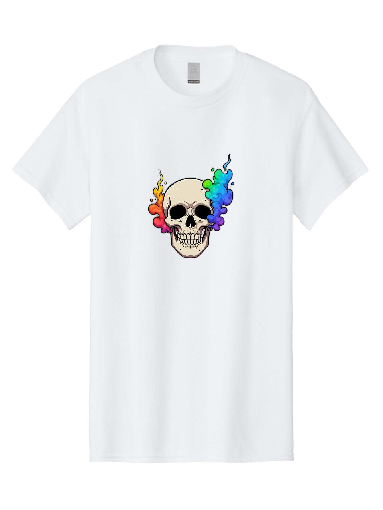 Skull-With-Smoke Men'S Graphic Tee, 100% Cotton, Comfortable Casual Summer Wear, Machine Washable, Cartoon Skull, Rainbow Smoke, Colorful Illustration, Vibrant Art, Edgy Design, Grunge Style, Street Art, Graphic Design, Skull Art, Bad620