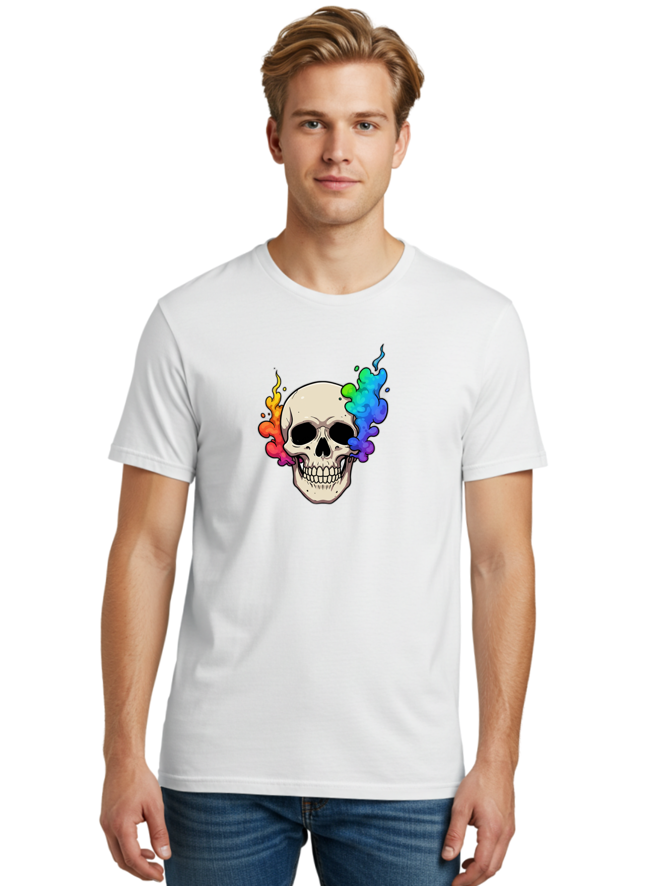Skull-With-Smoke Men'S Graphic Tee, 100% Cotton, Comfortable Casual Summer Wear, Machine Washable, Cartoon Skull, Rainbow Smoke, Colorful Illustration, Vibrant Art, Edgy Design, Grunge Style, Street Art, Graphic Design, Skull Art, Bad620