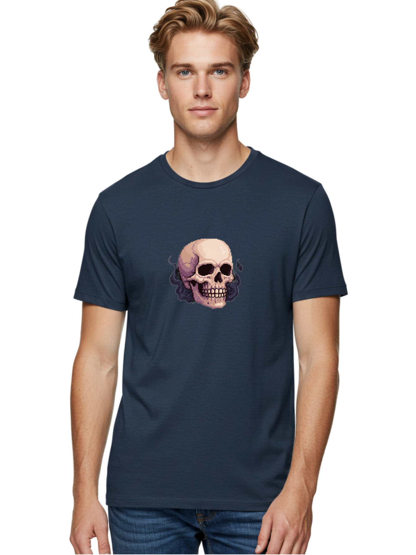 Skull-With-Tentacles Men'S Graphic Tee, 100% Cotton, Comfortable Casual Summer Wear, Machine Washable, Pixel Art Skull, Human Skull, Smoke Effects, Dark Magic, Mysterious, Gothic Style, Spooky Atmosphere, Eerie, Halloween Theme Bad621