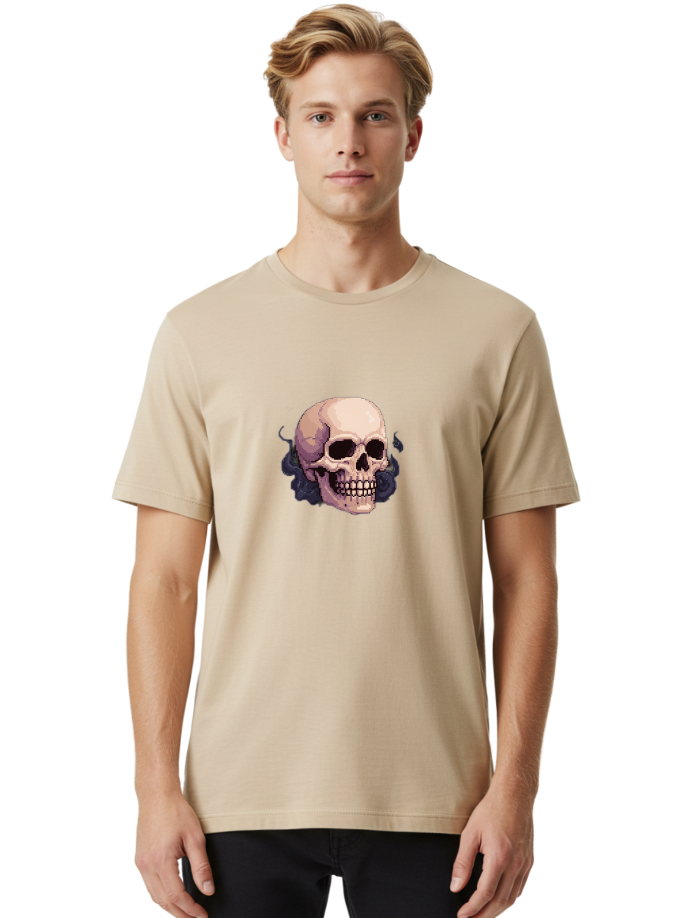 Skull-With-Tentacles Men'S Graphic Tee, 100% Cotton, Comfortable Casual Summer Wear, Machine Washable, Pixel Art Skull, Human Skull, Smoke Effects, Dark Magic, Mysterious, Gothic Style, Spooky Atmosphere, Eerie, Halloween Theme Bad621