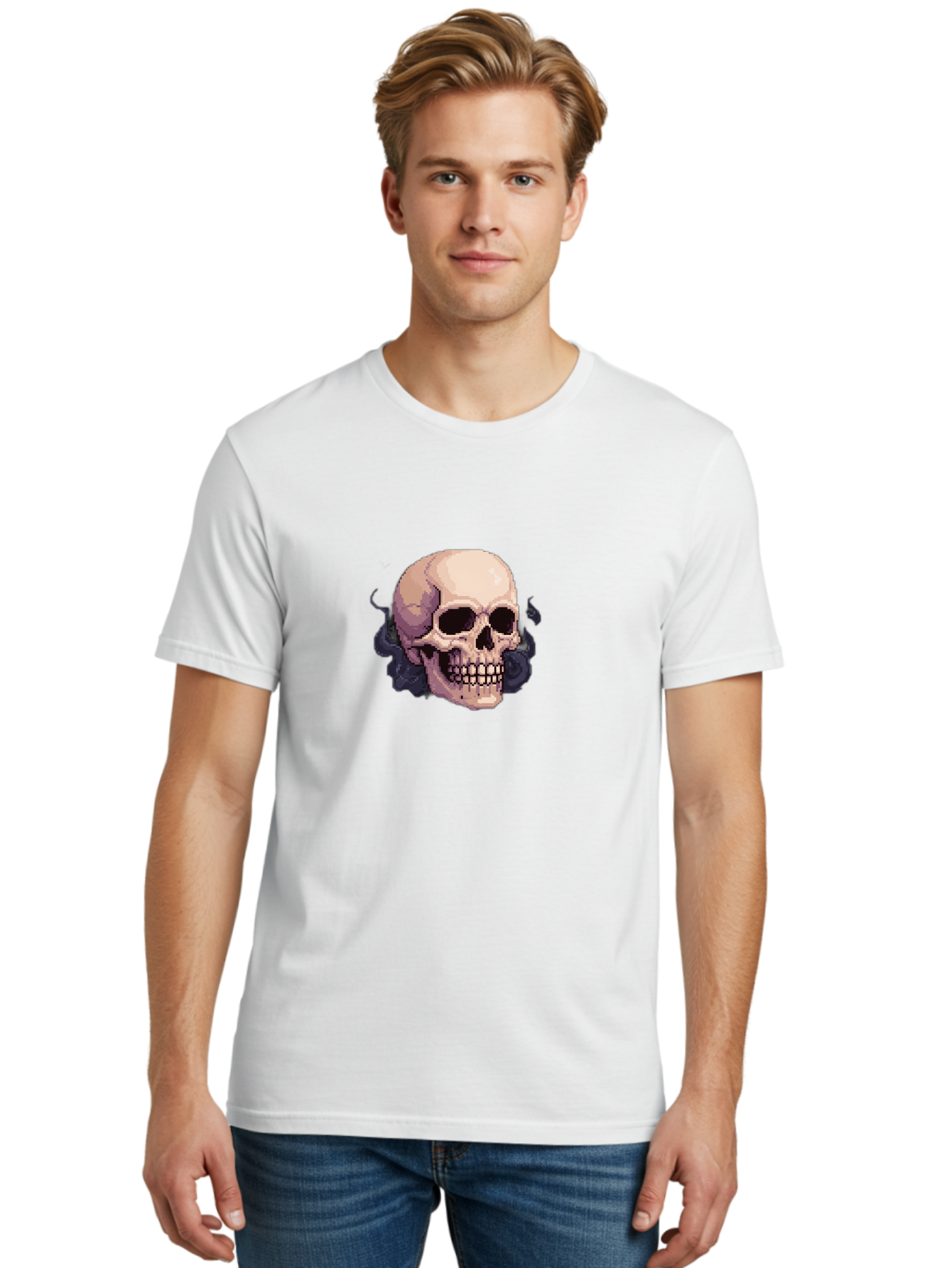 Skull-With-Tentacles Men'S Graphic Tee, 100% Cotton, Comfortable Casual Summer Wear, Machine Washable, Pixel Art Skull, Human Skull, Smoke Effects, Dark Magic, Mysterious, Gothic Style, Spooky Atmosphere, Eerie, Halloween Theme Bad621