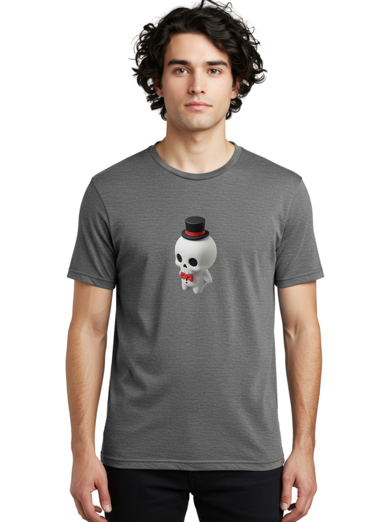 Skull-With-Top-Hat-1 Men'S Graphic Tee, 100% Cotton, Comfortable Casual Summer Wear, Machine Washable, Cartoon Skull, Top Hat, Red Bow Tie, Black Hatband, 3D Illustration, Gothic Style, Skull Character, Fashion Accessories, Stylish Skeleton Bad622